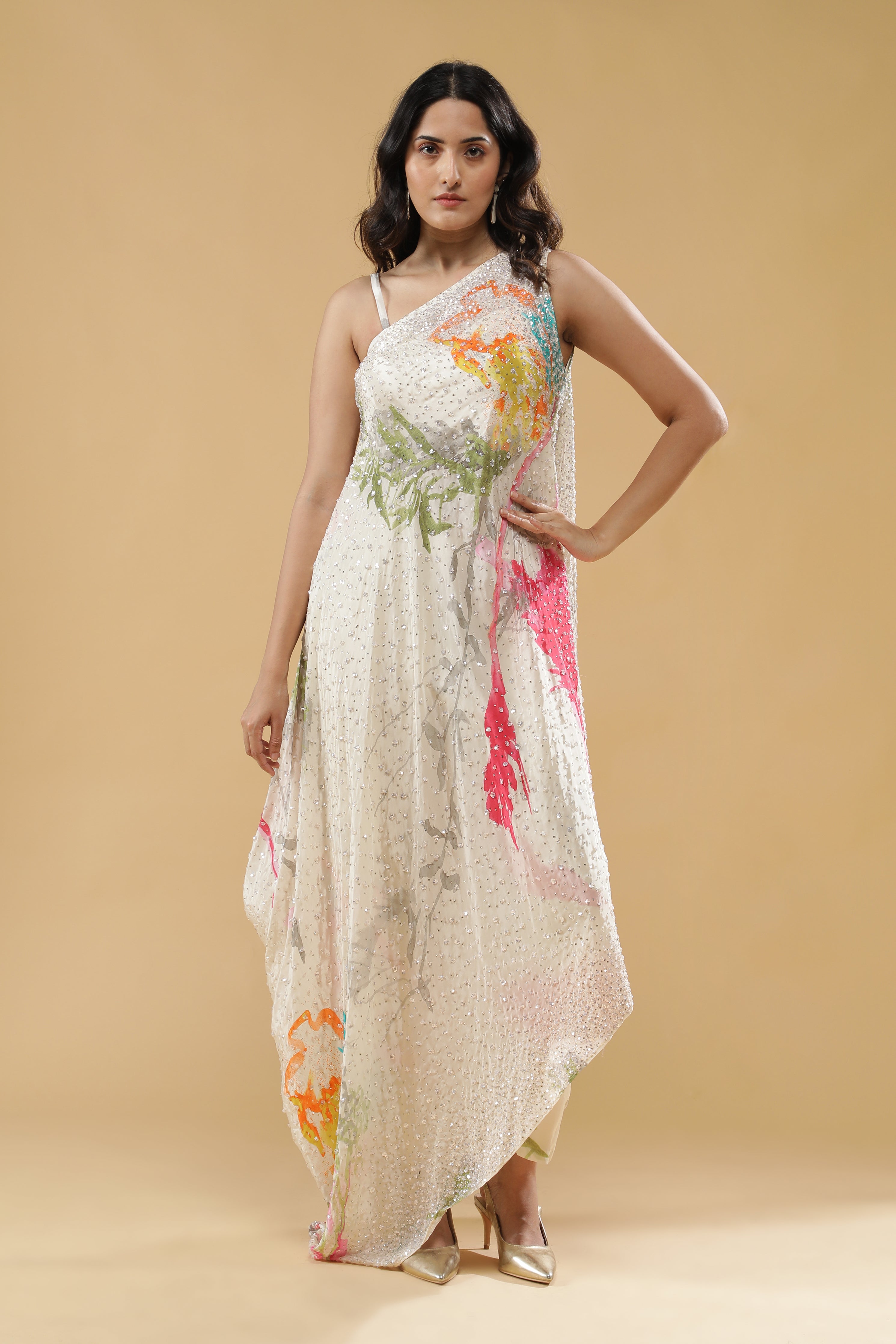 Cream Multi-Colour Printed Crepe Indo-Western Set