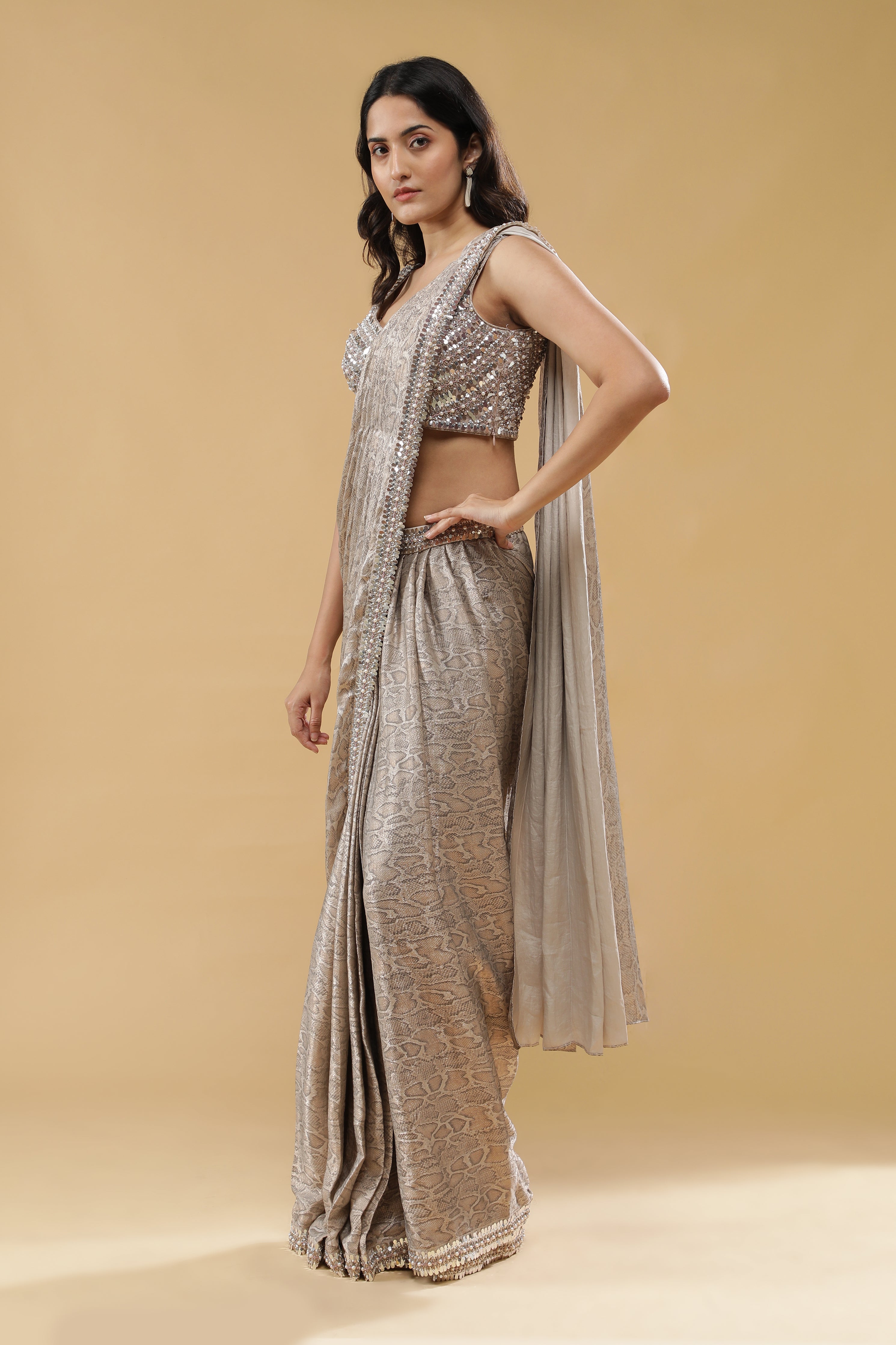 Champagne Printed Drape Saree