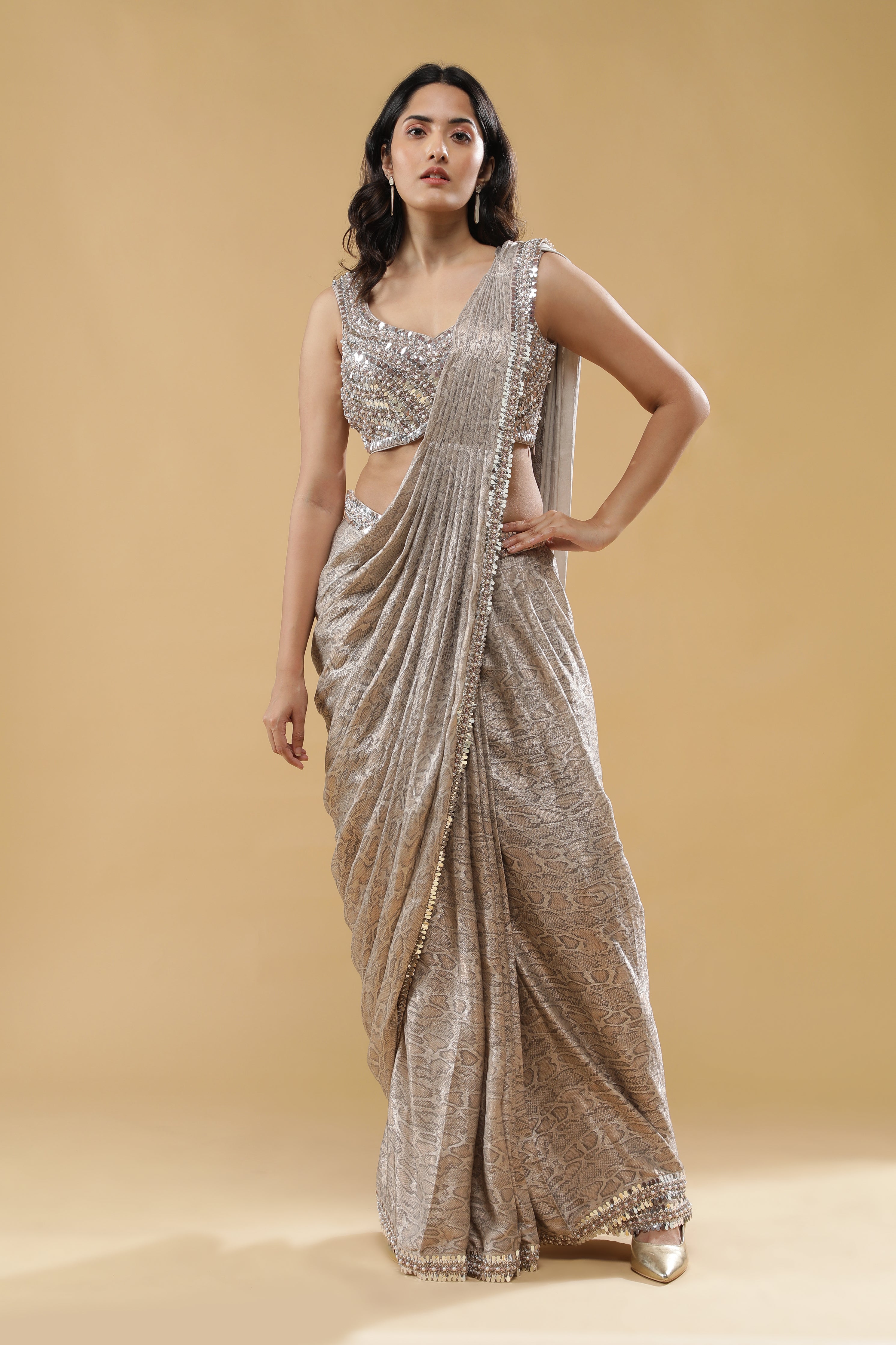 Champagne Printed Drape Saree