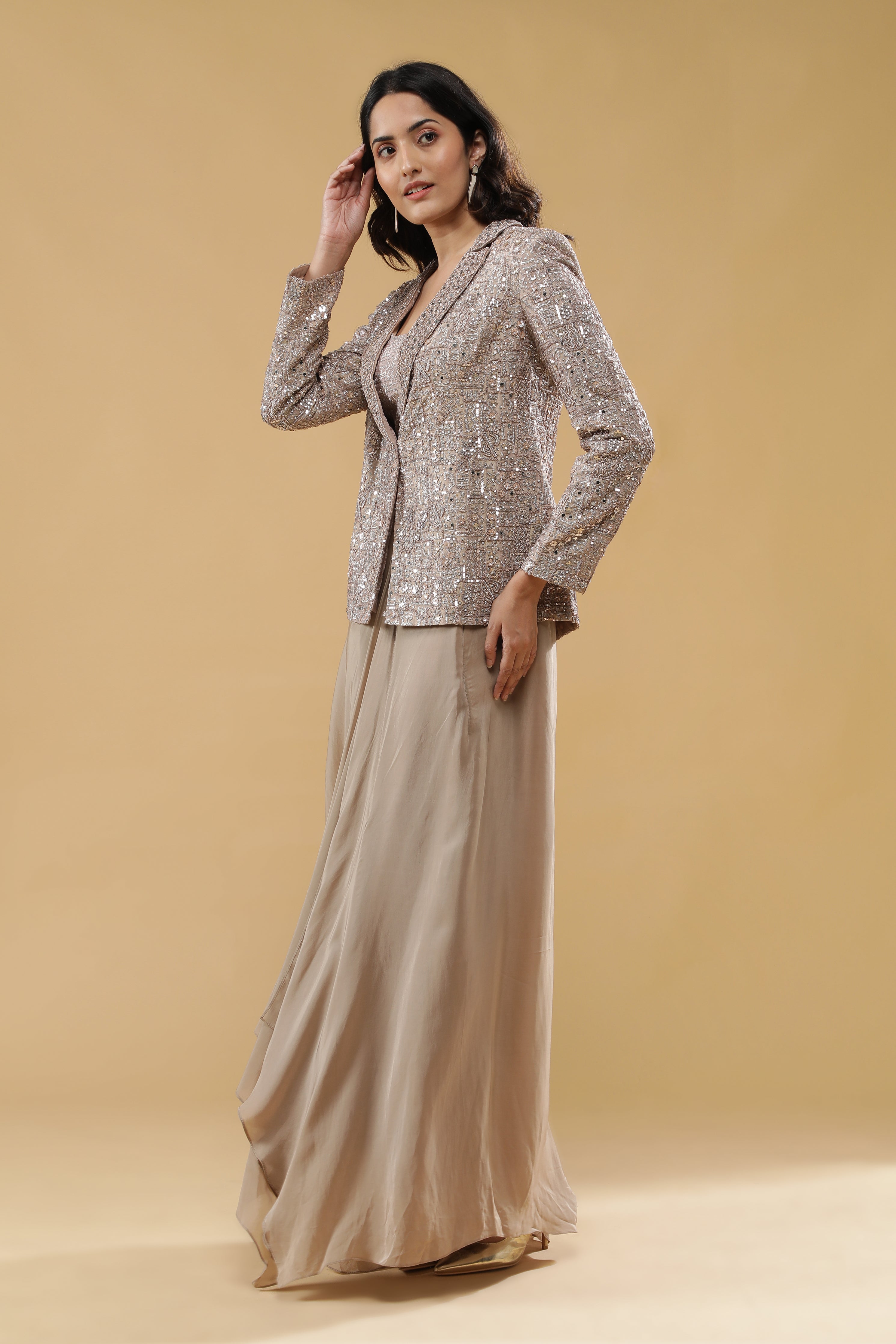 Champagne Gold Chinon Drape Skirt Set