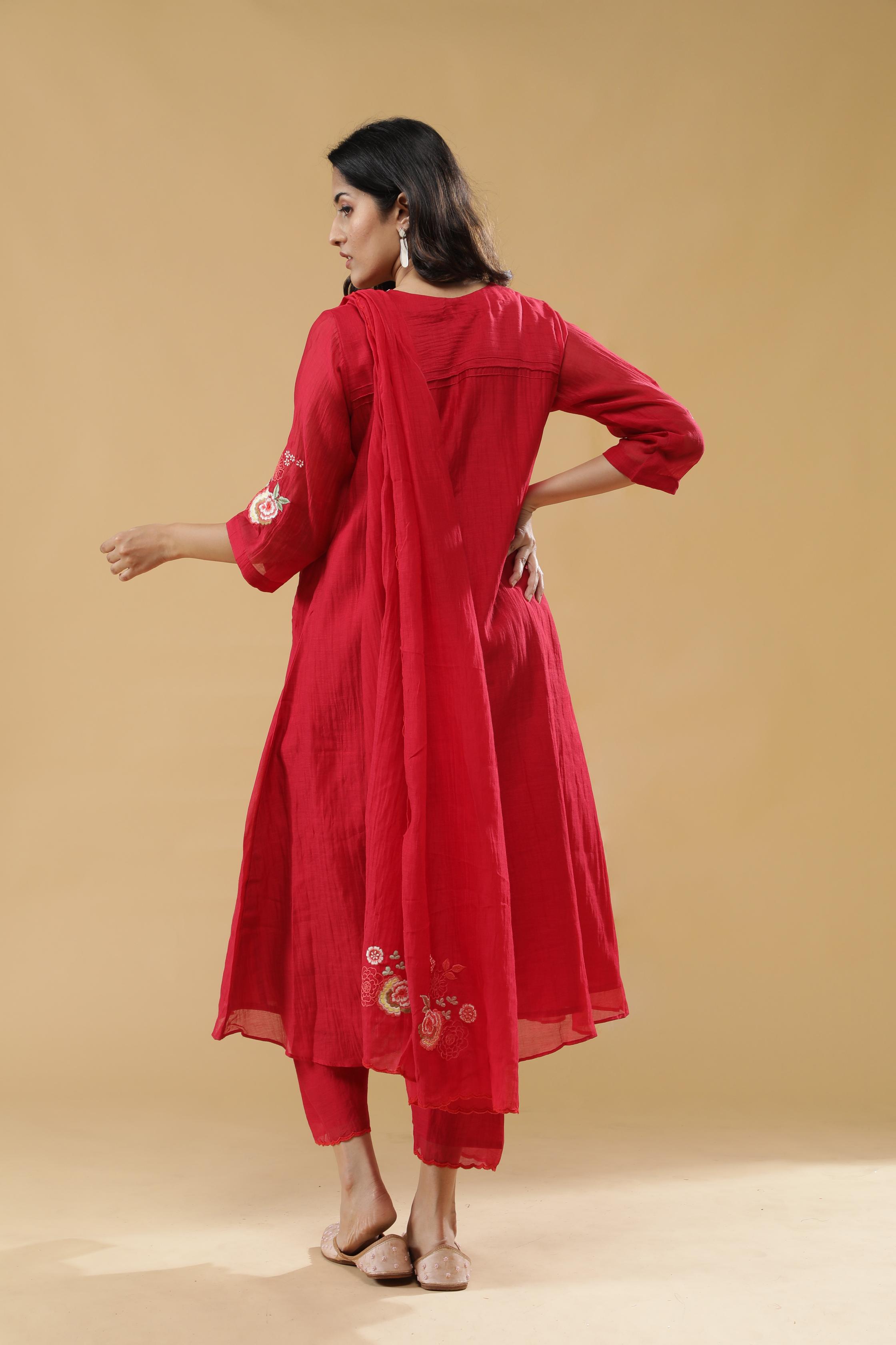 Red Chanderi Silk Straight-Cut Salwar Set