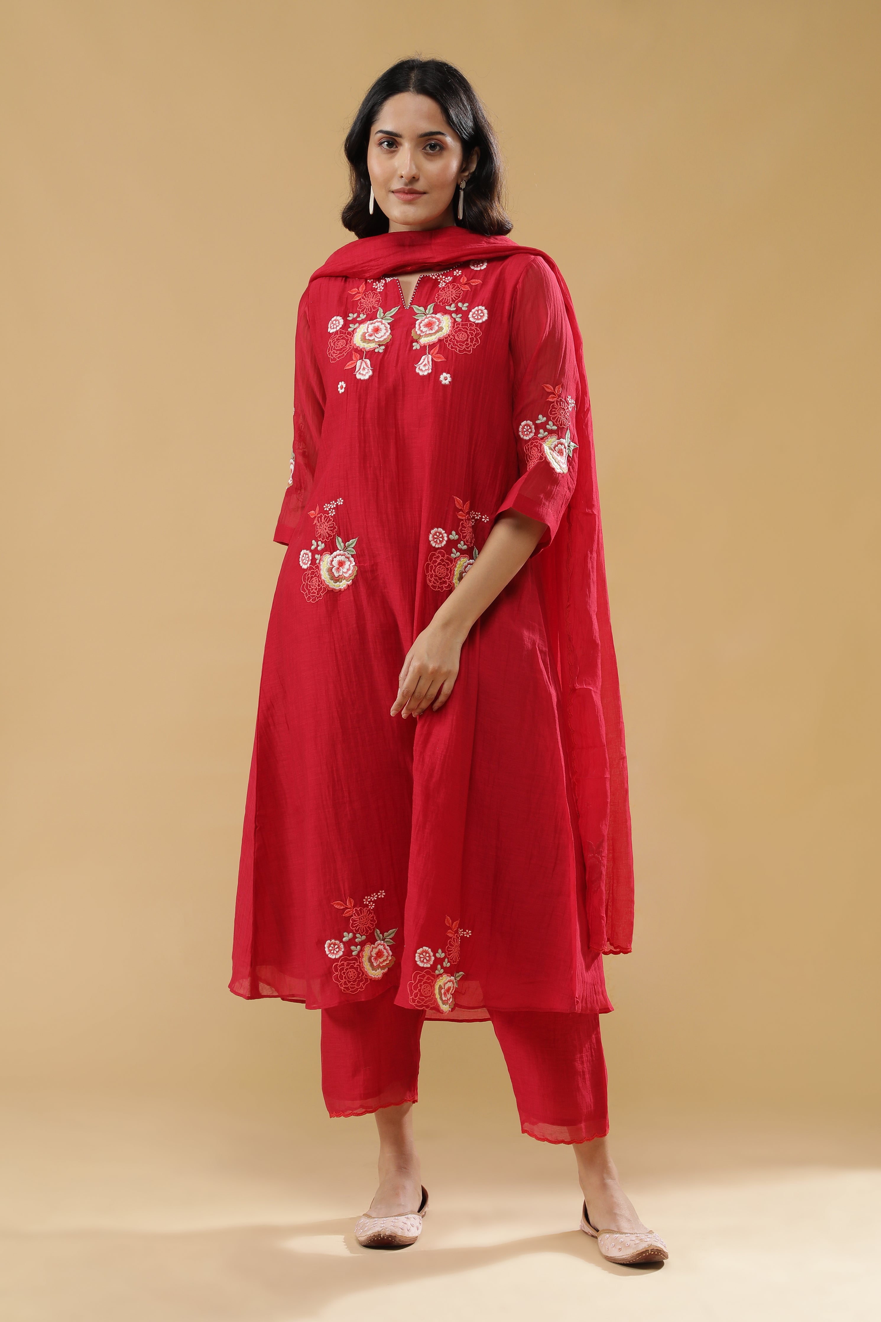 Red Chanderi Silk Straight-Cut Salwar Set