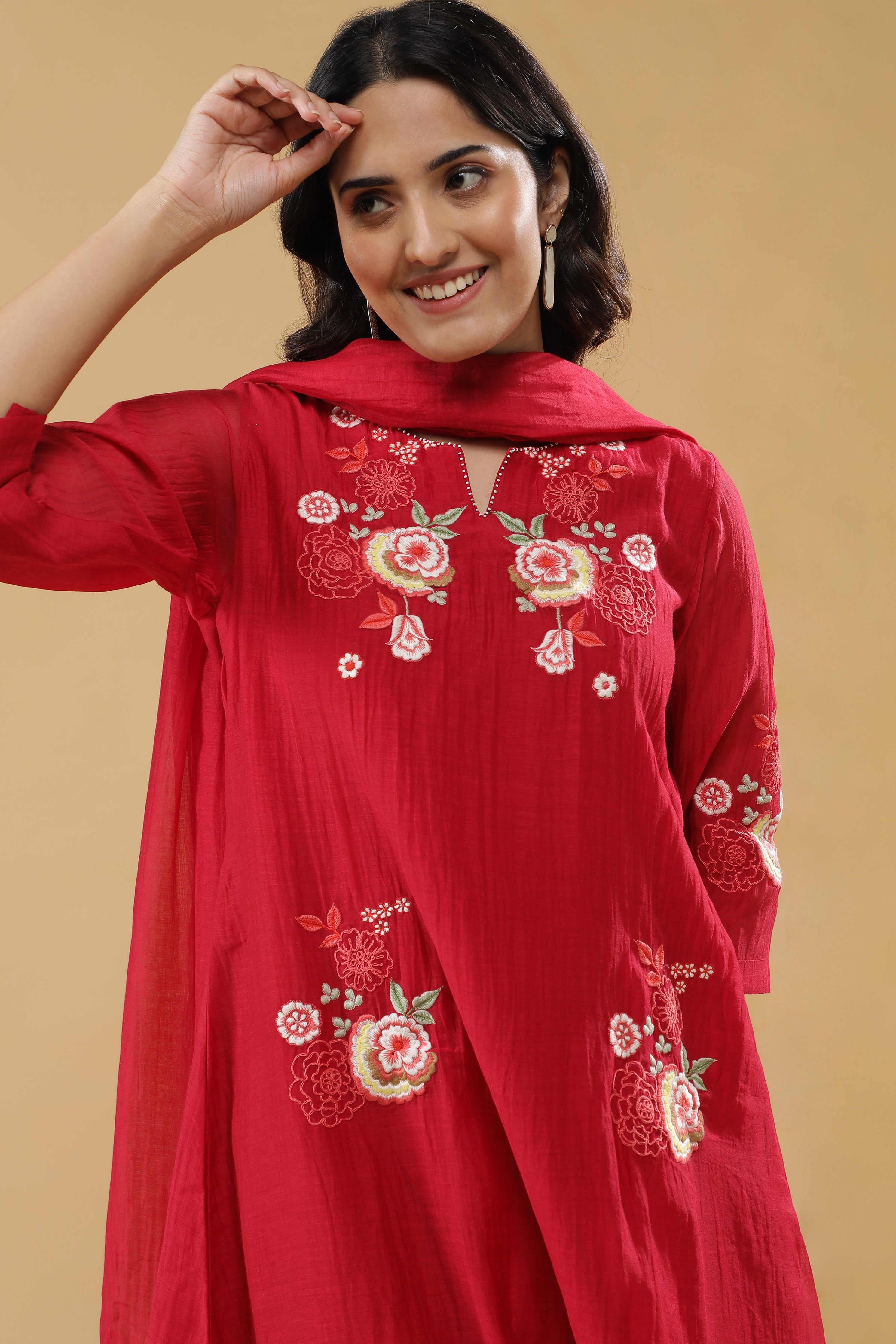 Red Chanderi Silk Straight-Cut Salwar Set