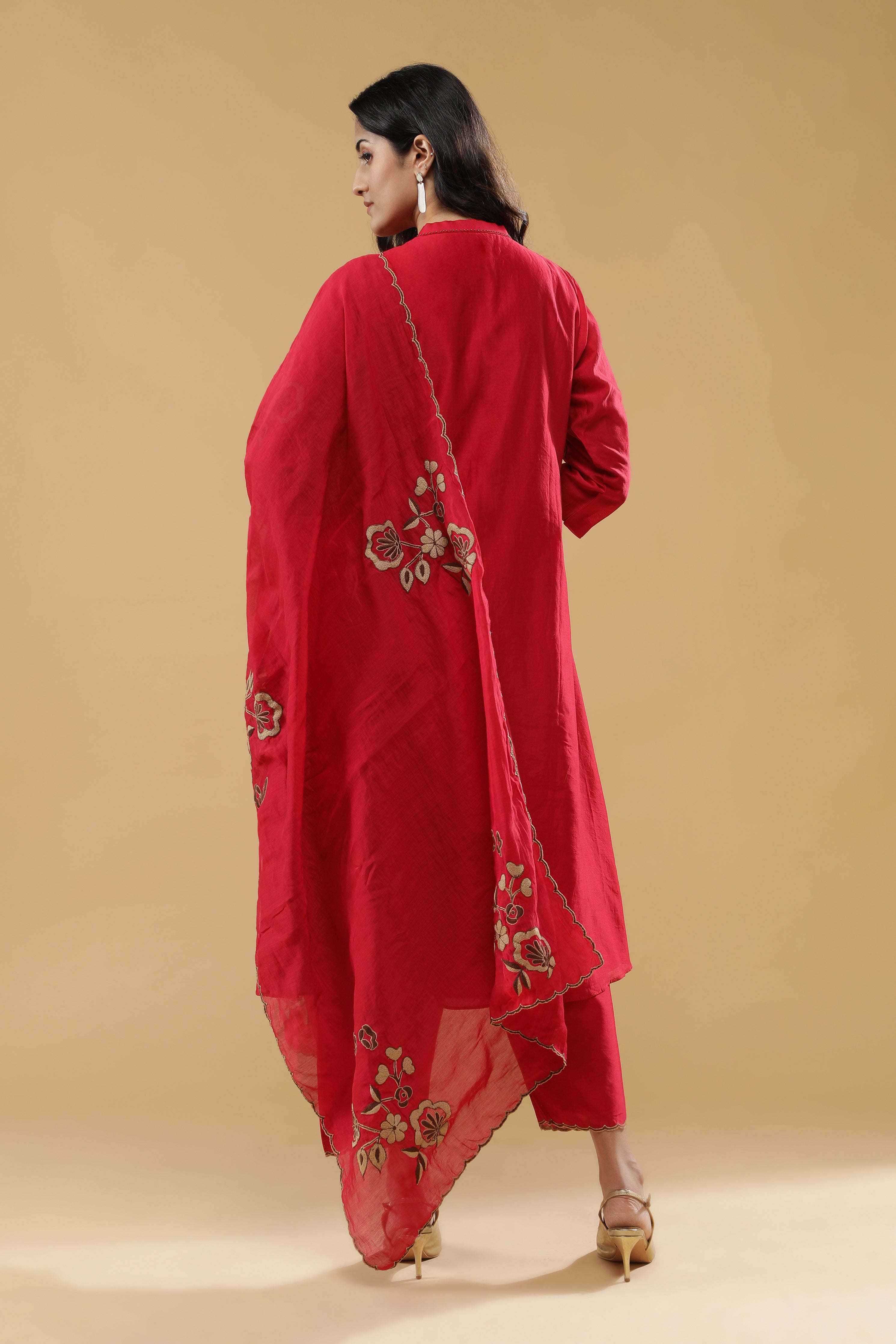 Red Chanderi Silk Straight Cut Salwar Set with Floral Thread Embroidery
