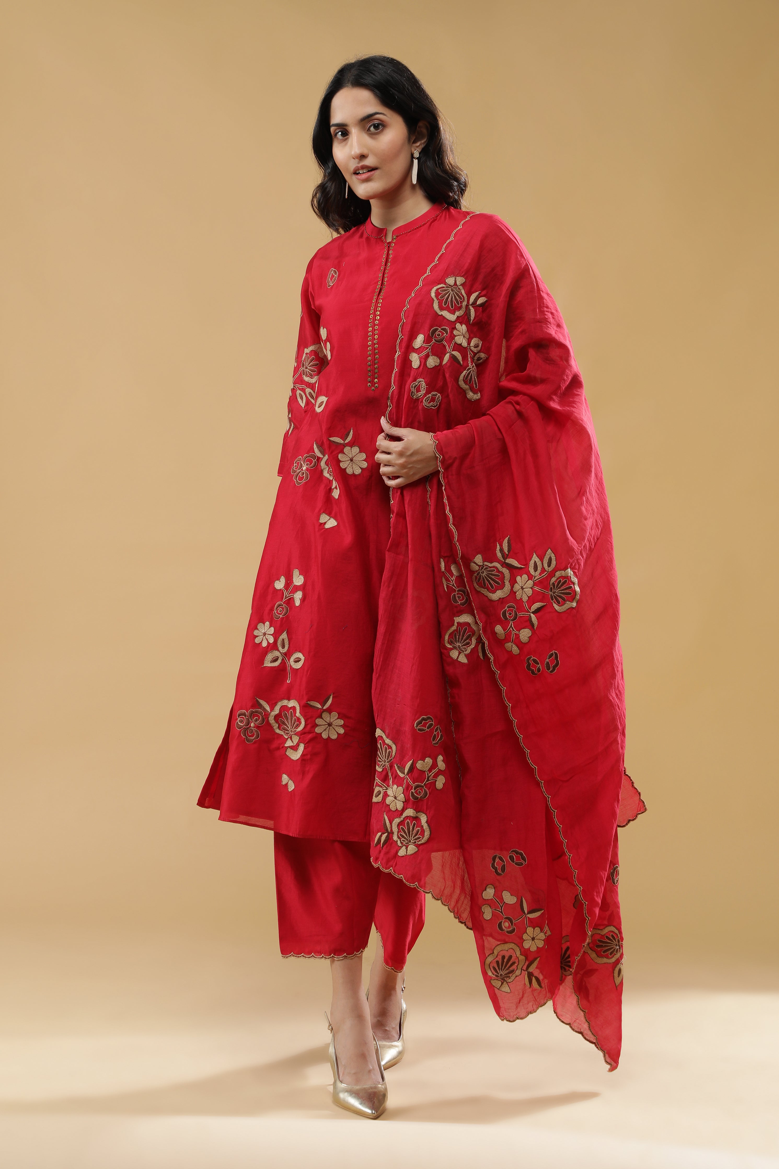 Red Chanderi Silk Straight Cut Salwar Set with Floral Thread Embroidery