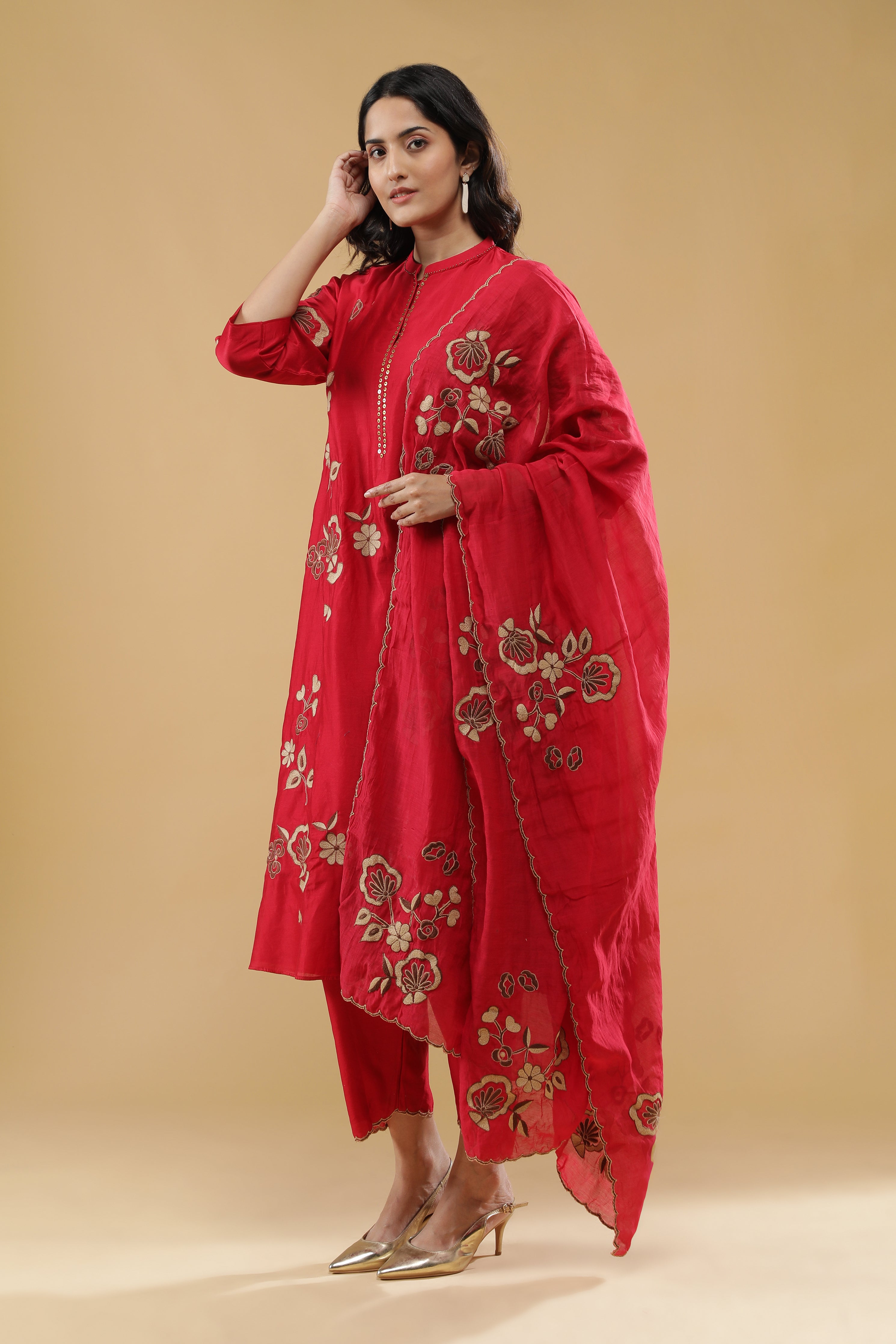 Red Chanderi Silk Straight Cut Salwar Set with Floral Thread Embroidery