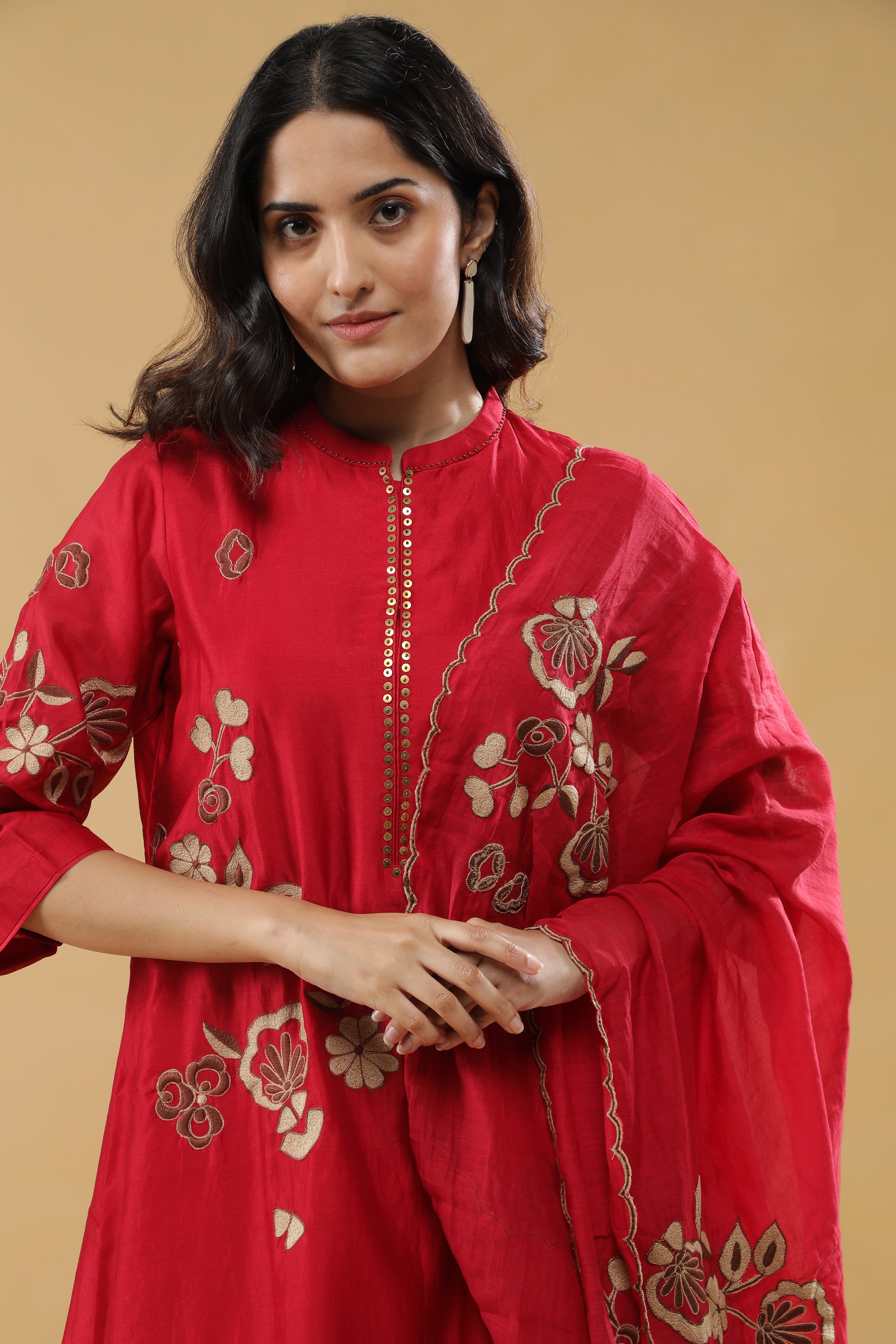 Red Chanderi Silk Straight Cut Salwar Set with Floral Thread Embroidery