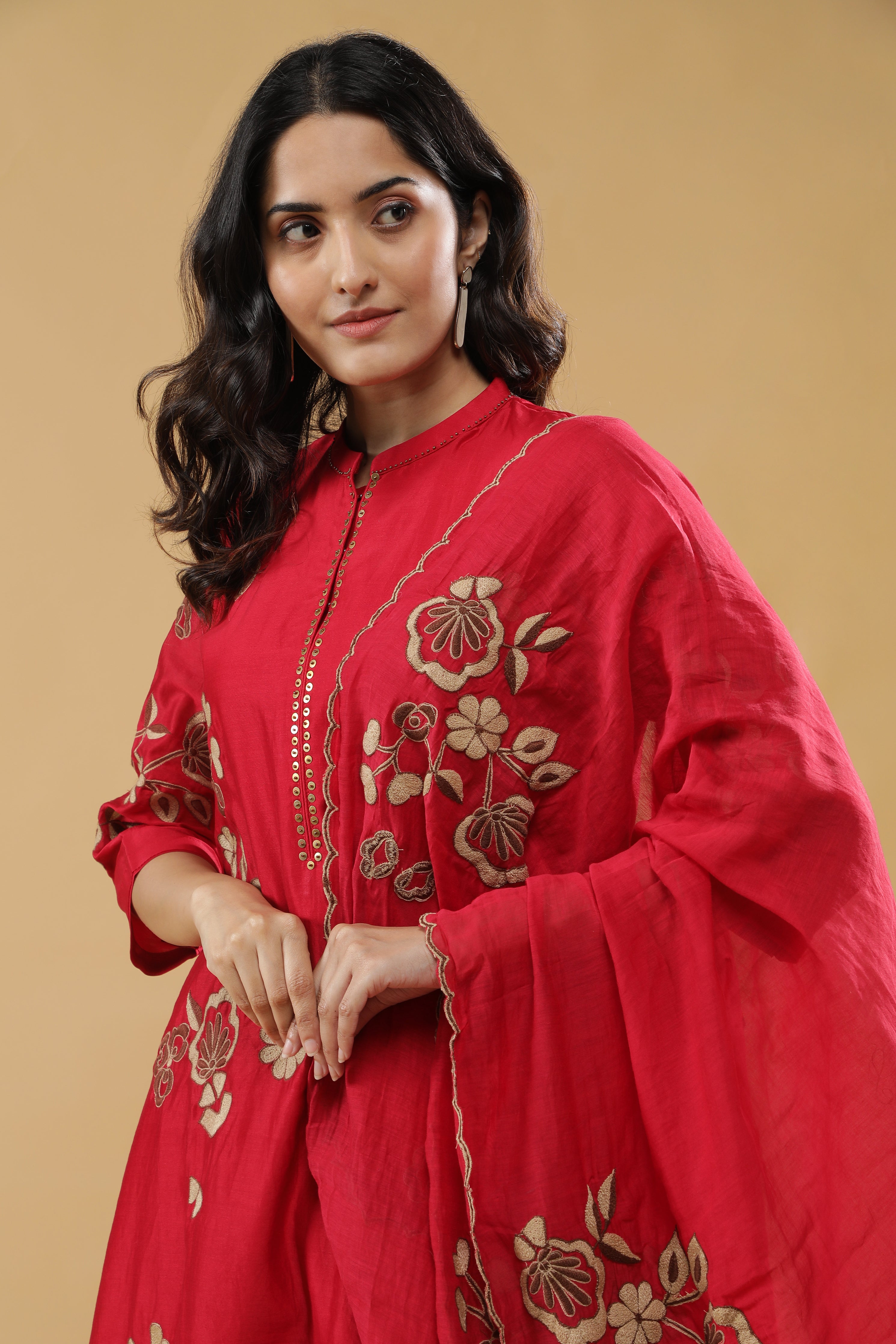 Red Chanderi Silk Straight Cut Salwar Set with Floral Thread Embroidery