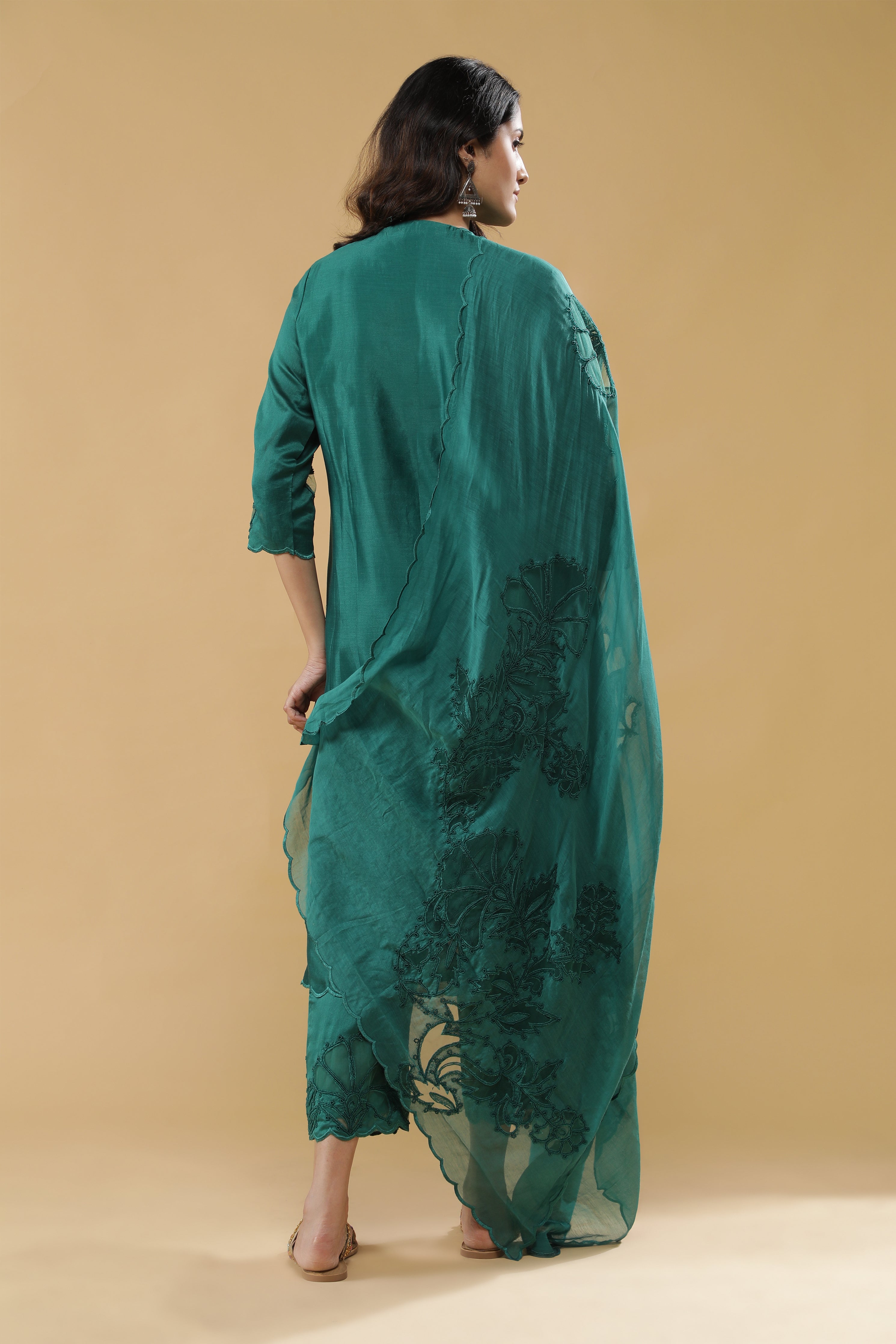 Bottle Green Chanderi Silk Straight-Cut Suit