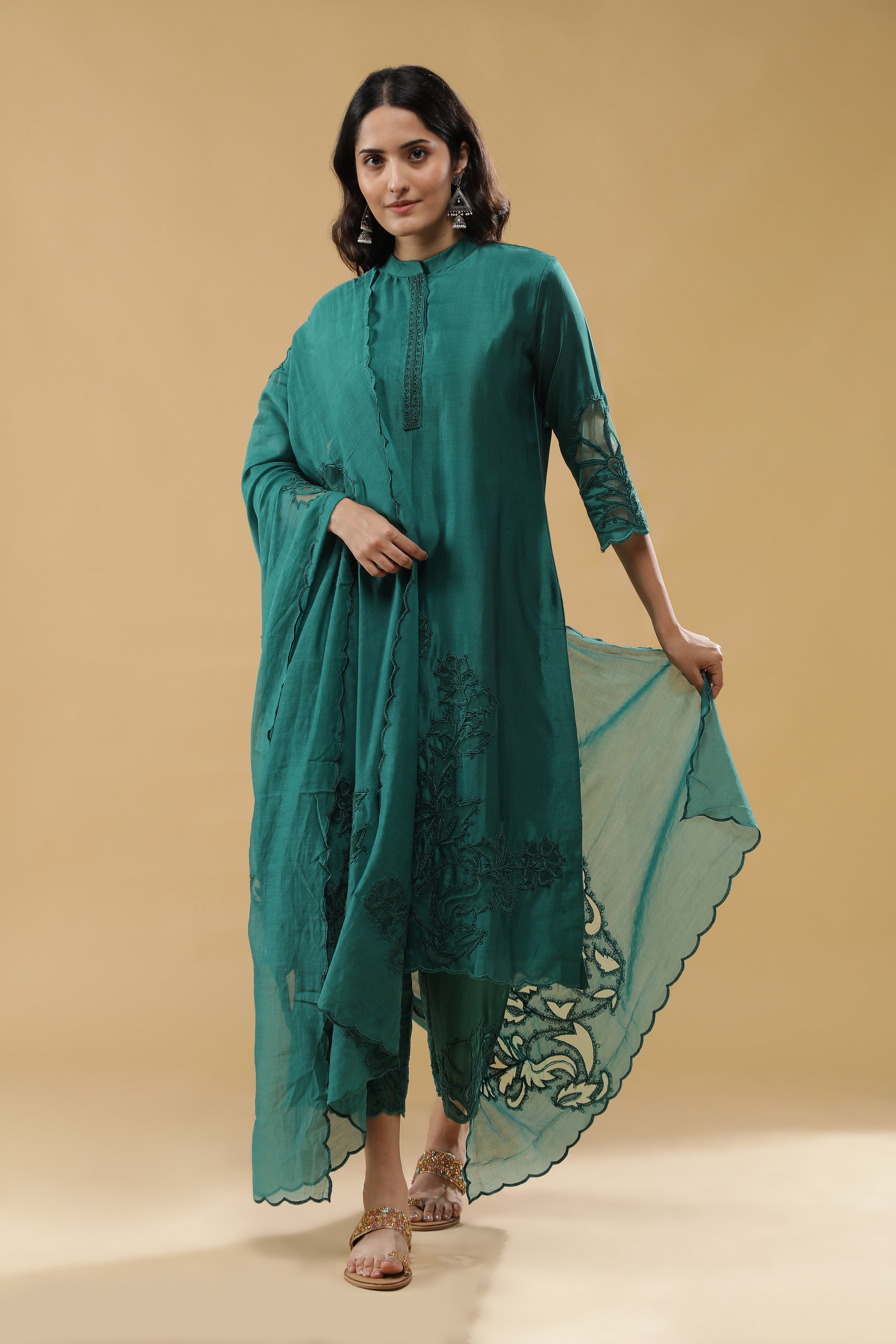 Bottle Green Chanderi Silk Straight-Cut Suit