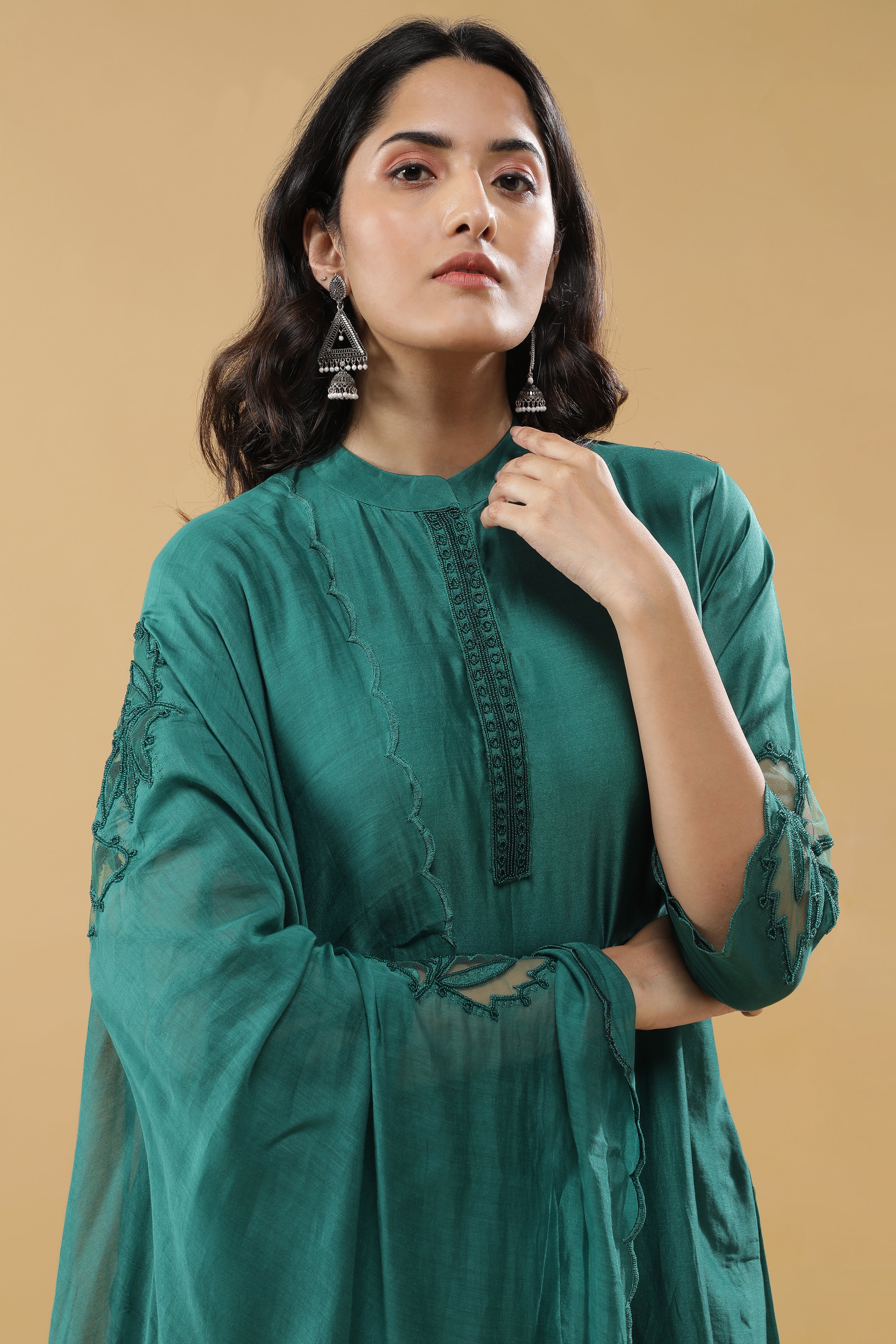 Bottle Green Chanderi Silk Straight-Cut Suit
