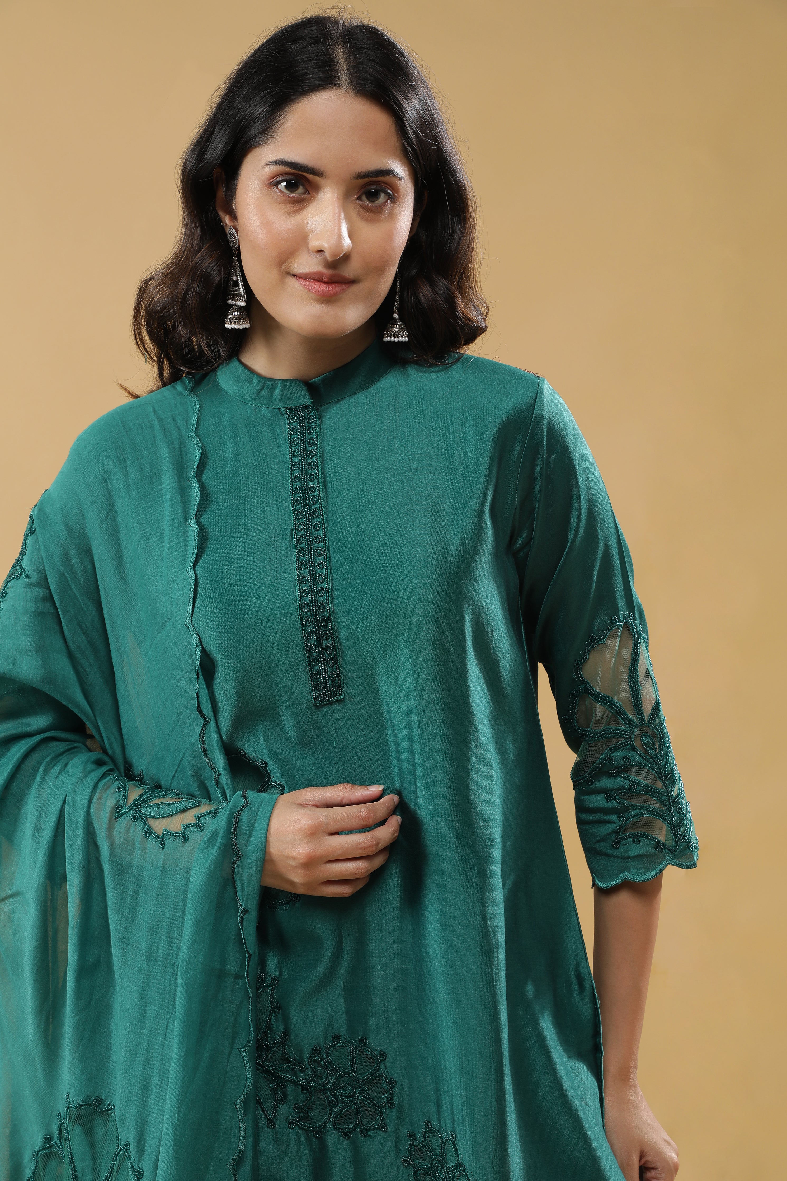 Bottle Green Chanderi Silk Straight-Cut Suit