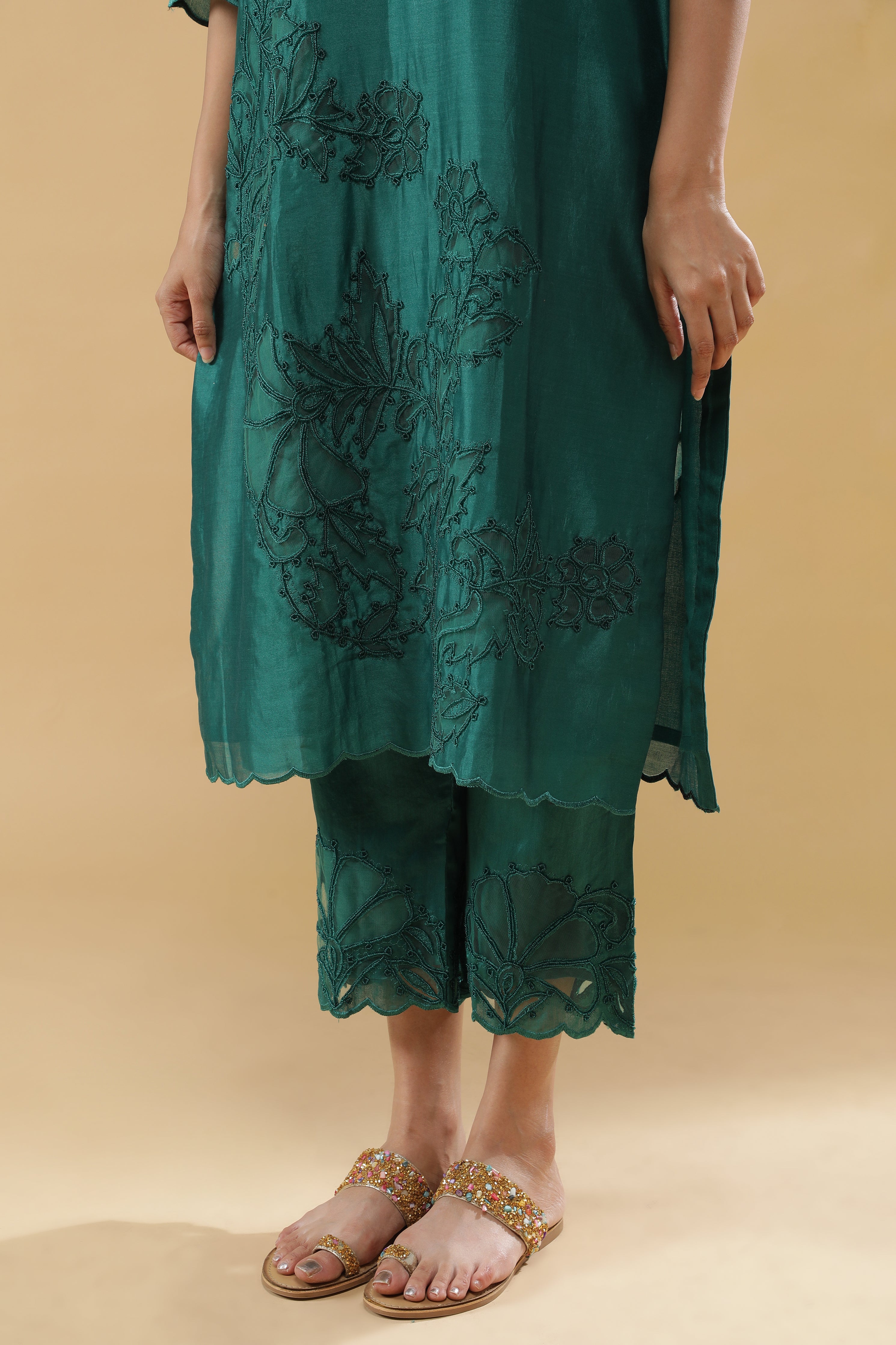 Bottle Green Chanderi Silk Straight-Cut Suit