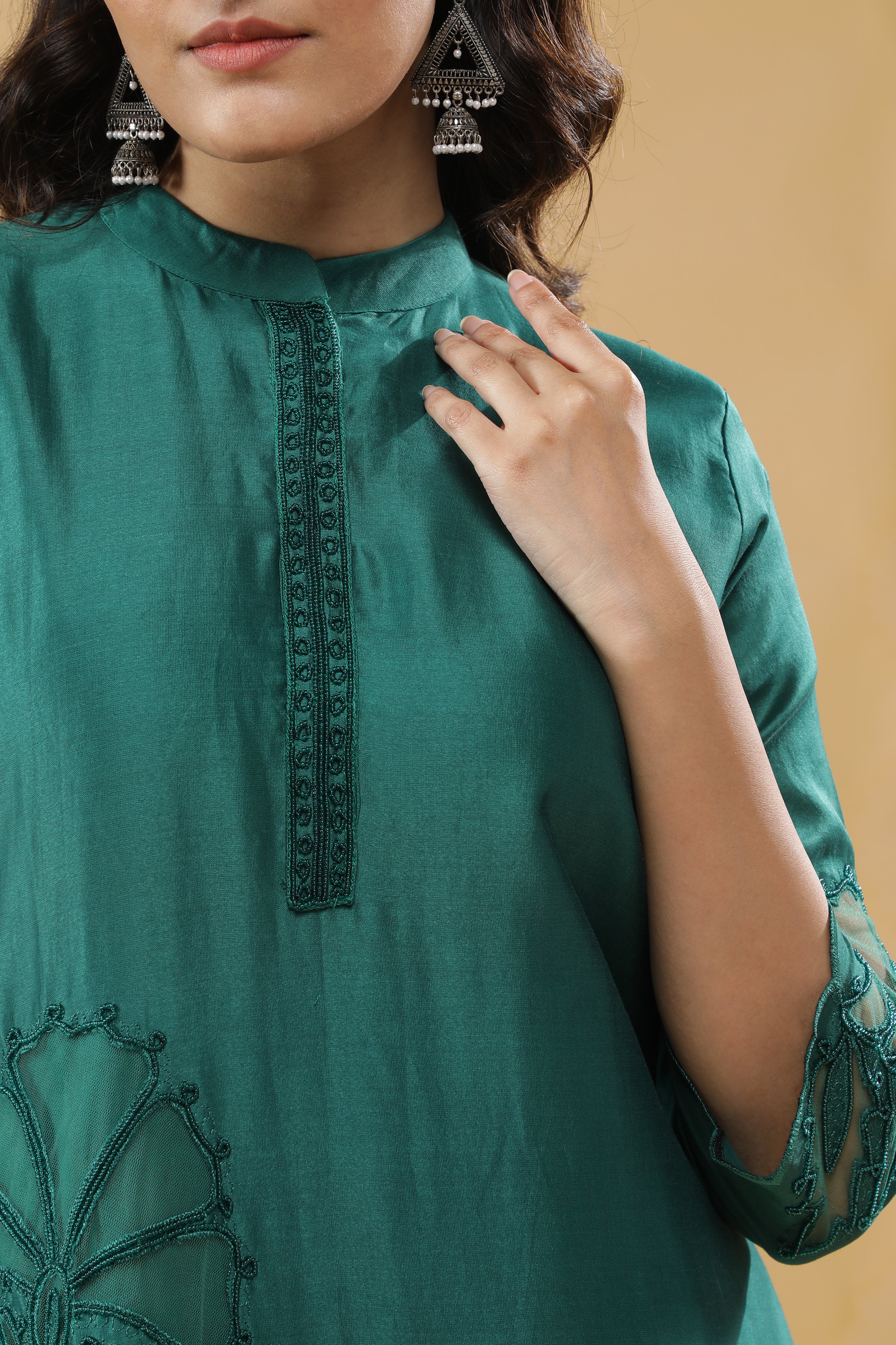 Bottle Green Chanderi Silk Straight-Cut Suit