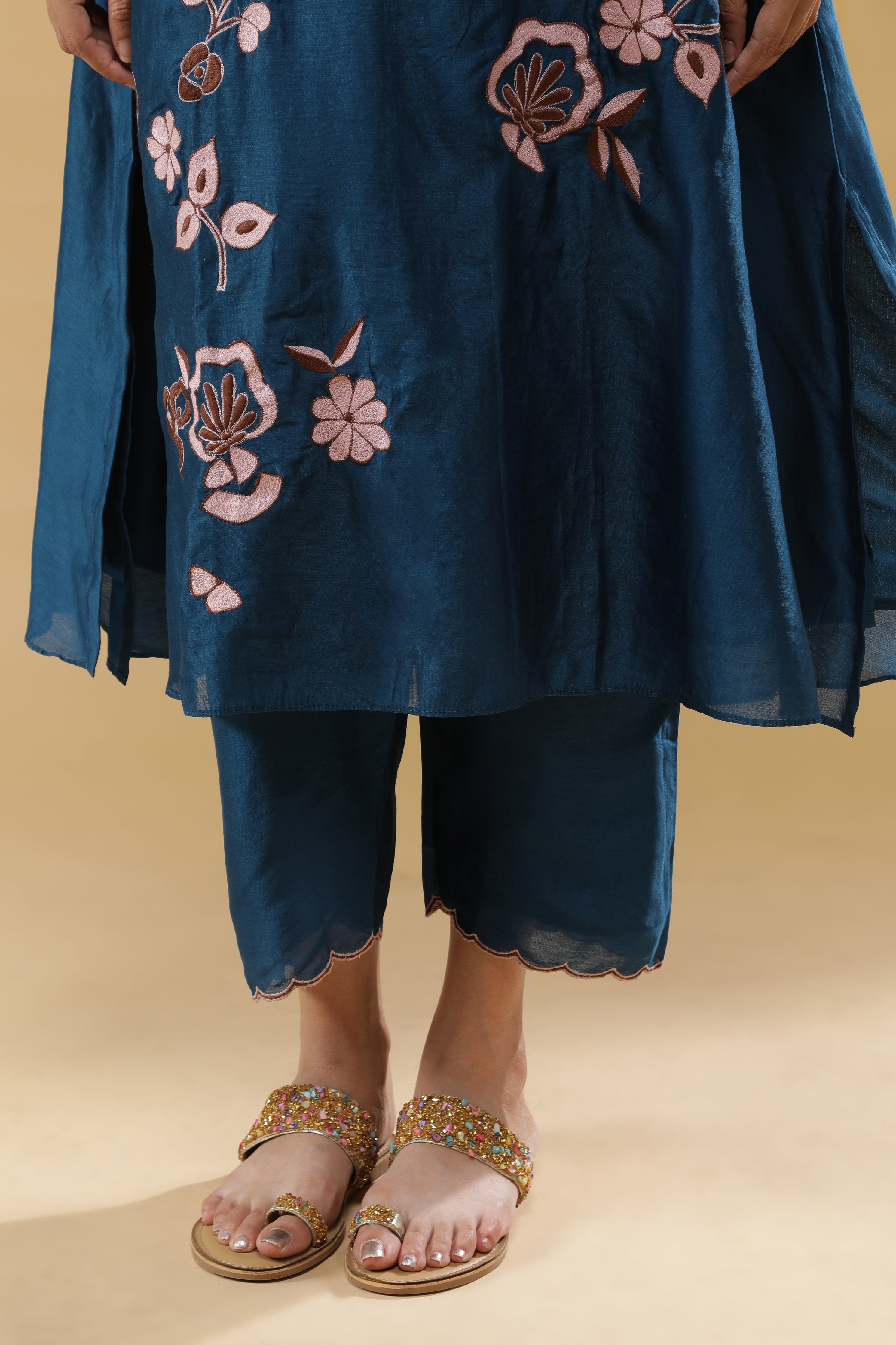 Teal Blue Chanderi Silk Straight Cut Salwar Set