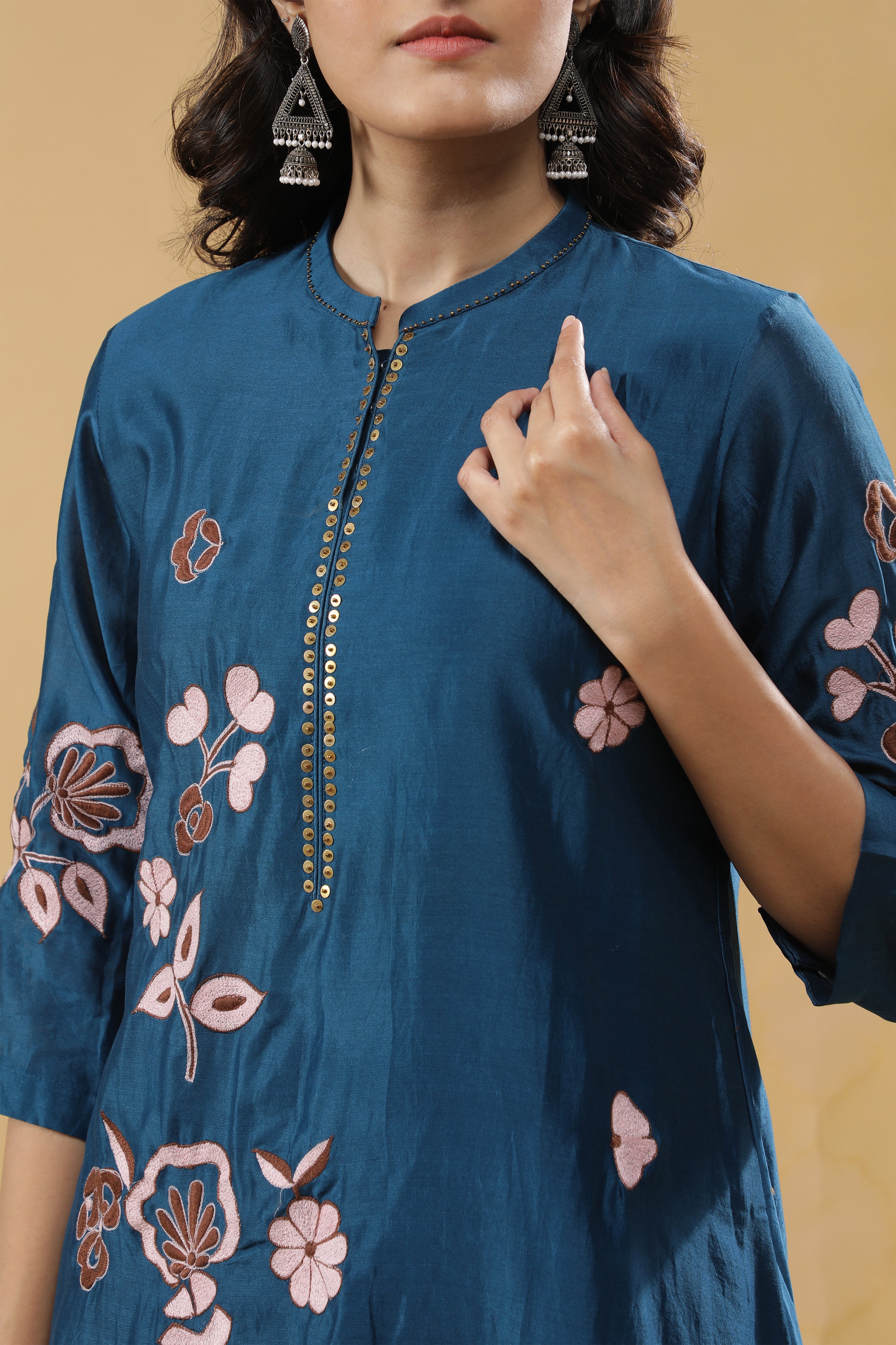 Teal Blue Chanderi Silk Straight Cut Salwar Set