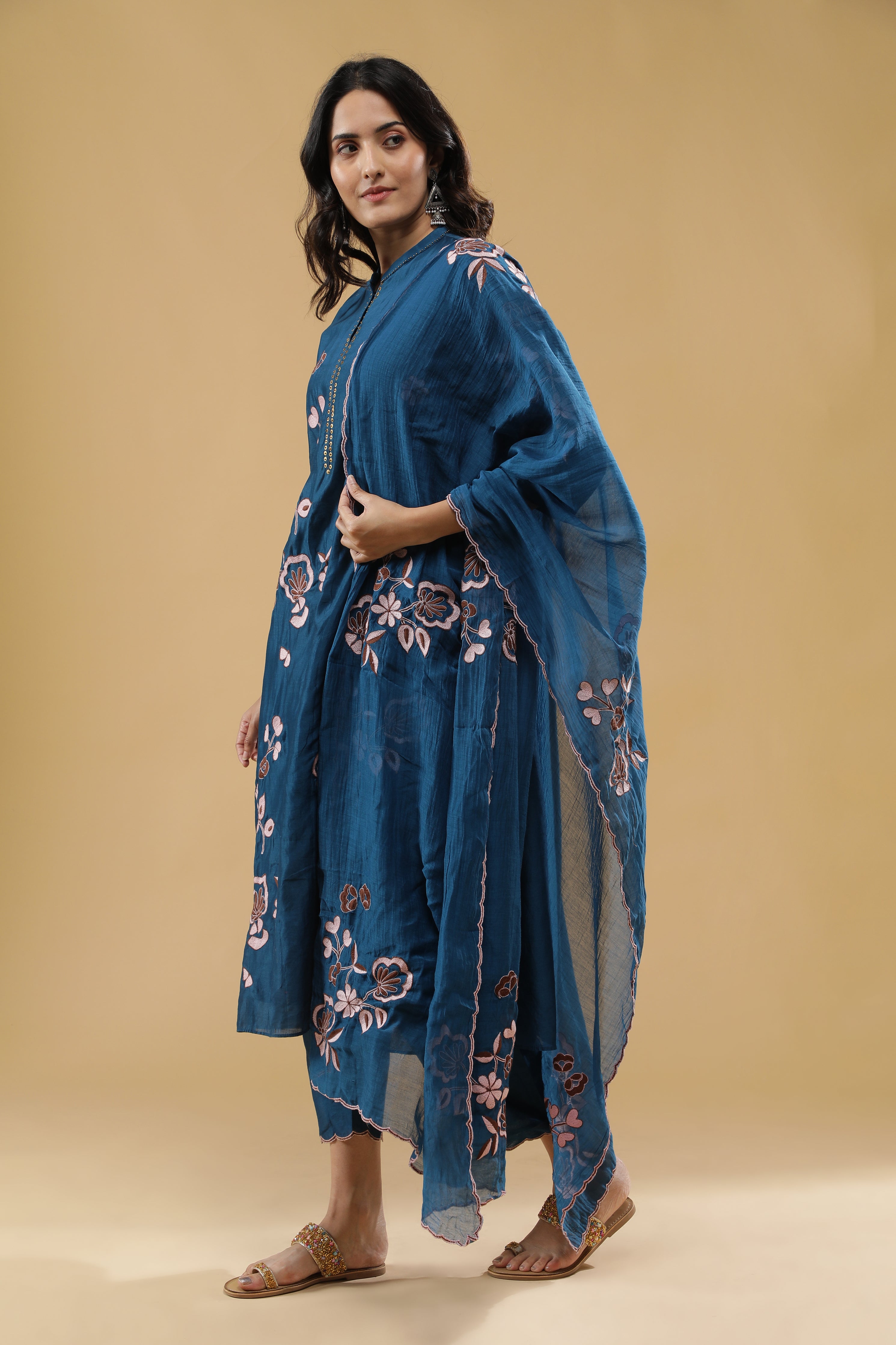 Teal Blue Chanderi Silk Straight Cut Salwar Set