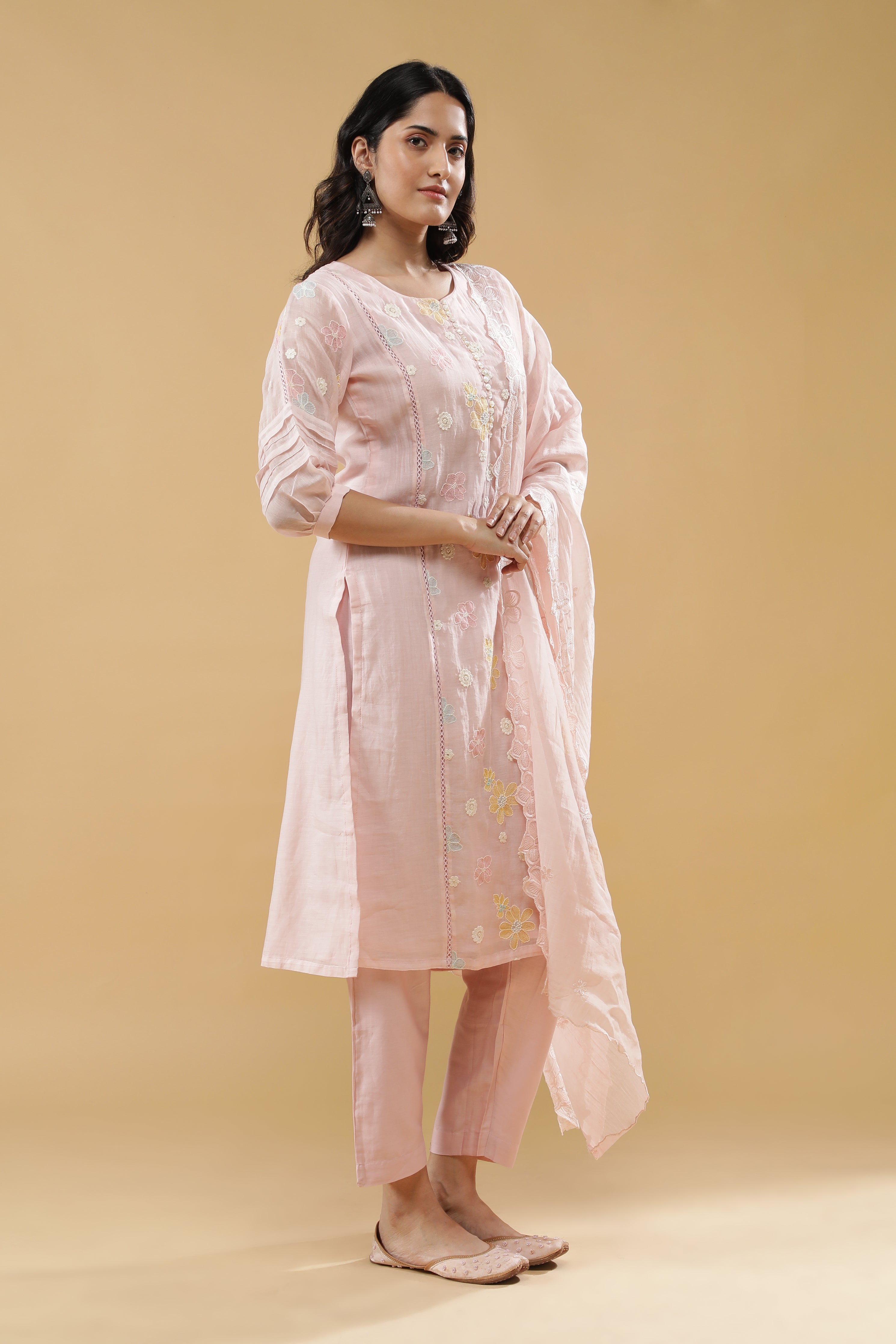 Baby Pink Mul Chanderi Straight-Cut Salwar Set