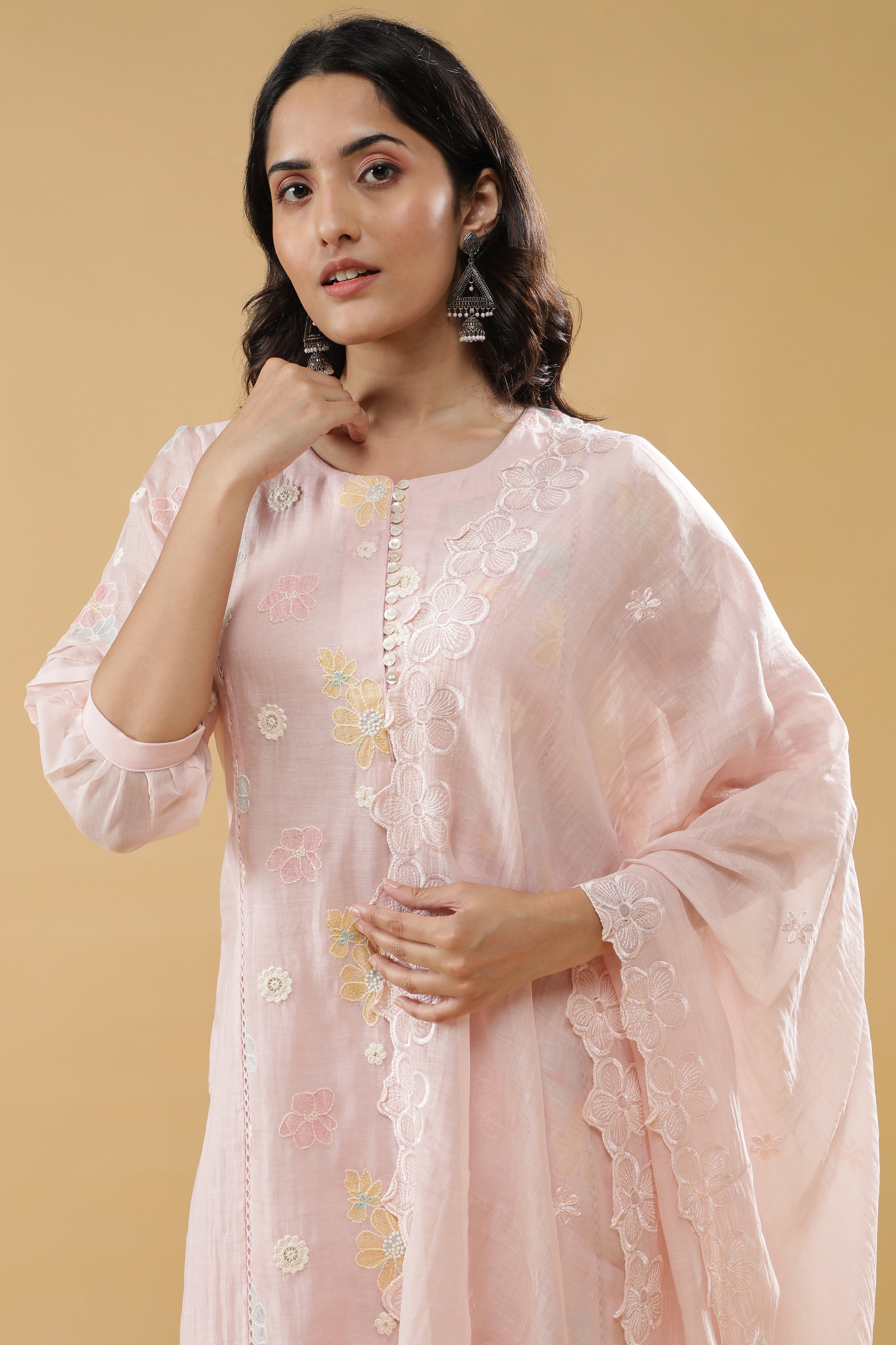 Baby Pink Mul Chanderi Straight-Cut Salwar Set