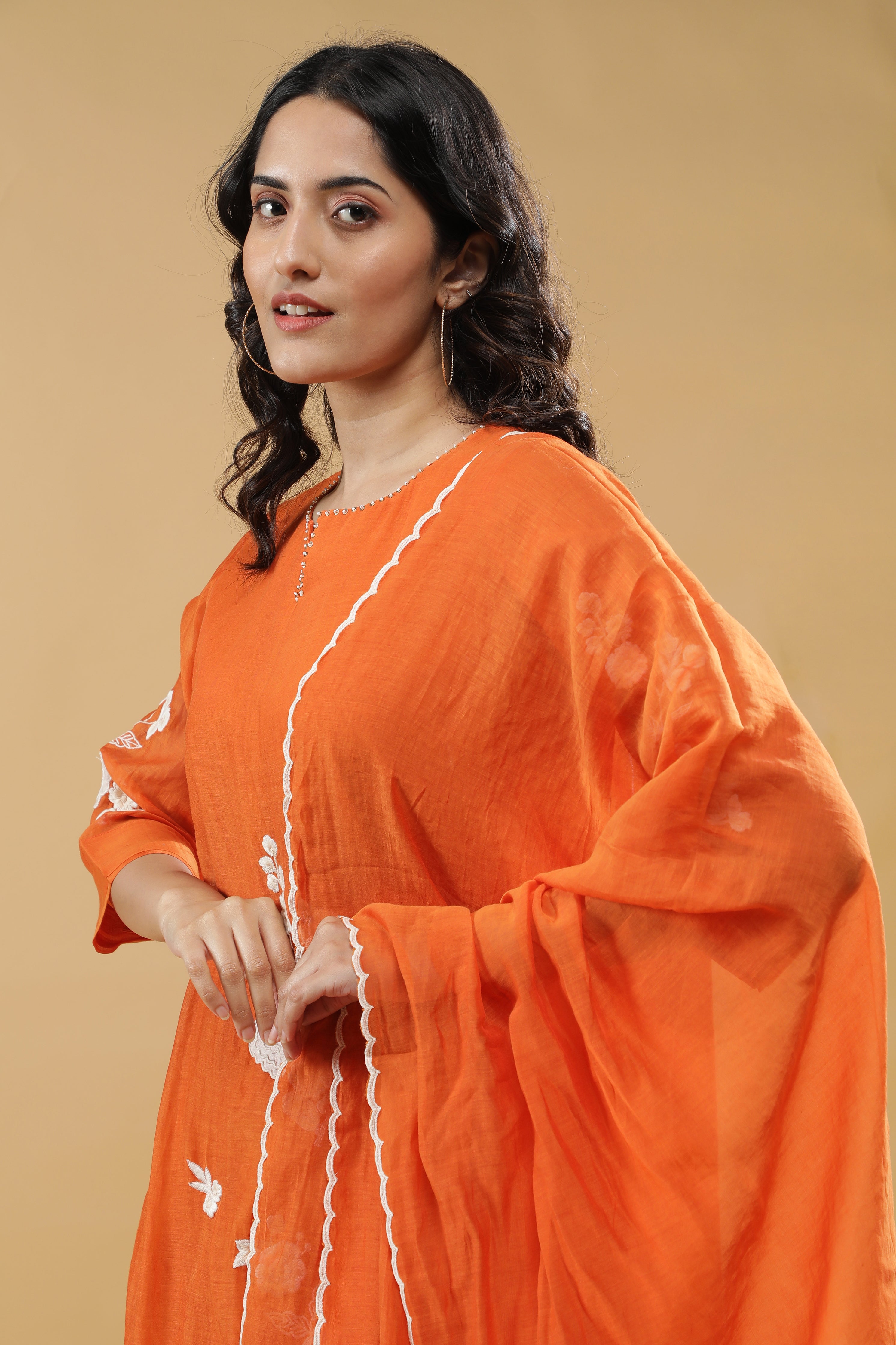 Vibrant Orange Mul Cotton Kurta Set