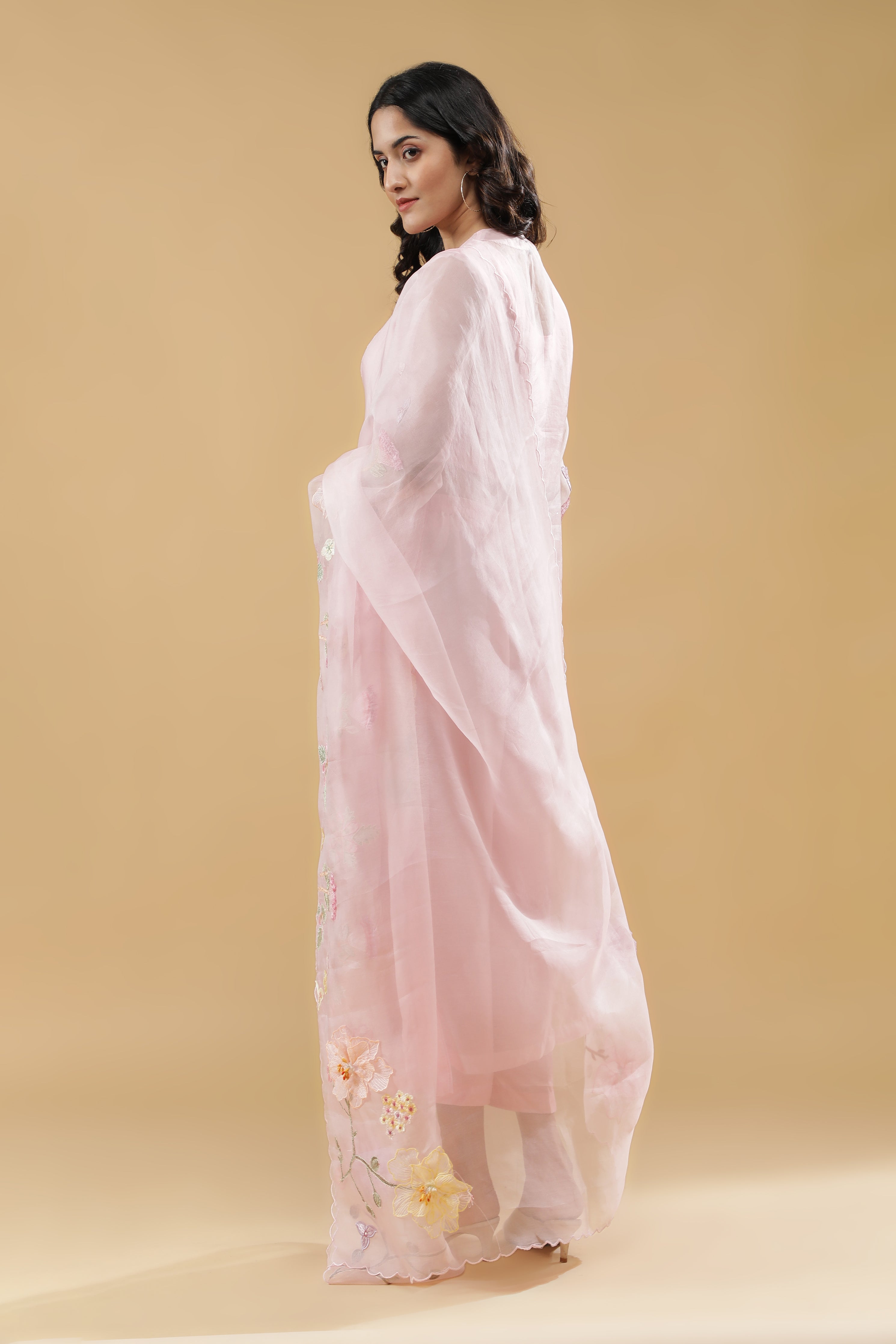 Pink Organza Floral Appliqué Suit Set
