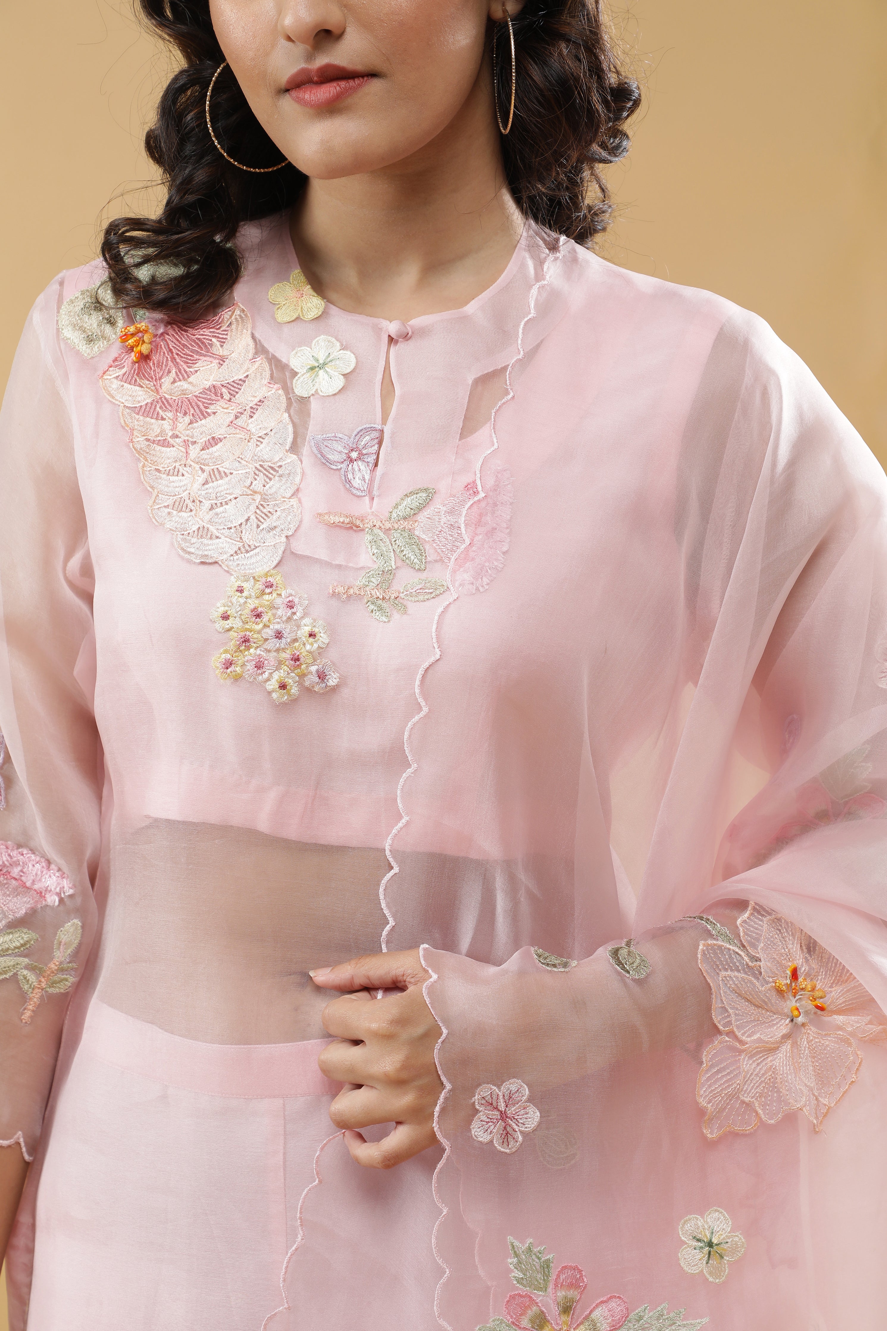 Pink Organza Floral Appliqué Suit Set