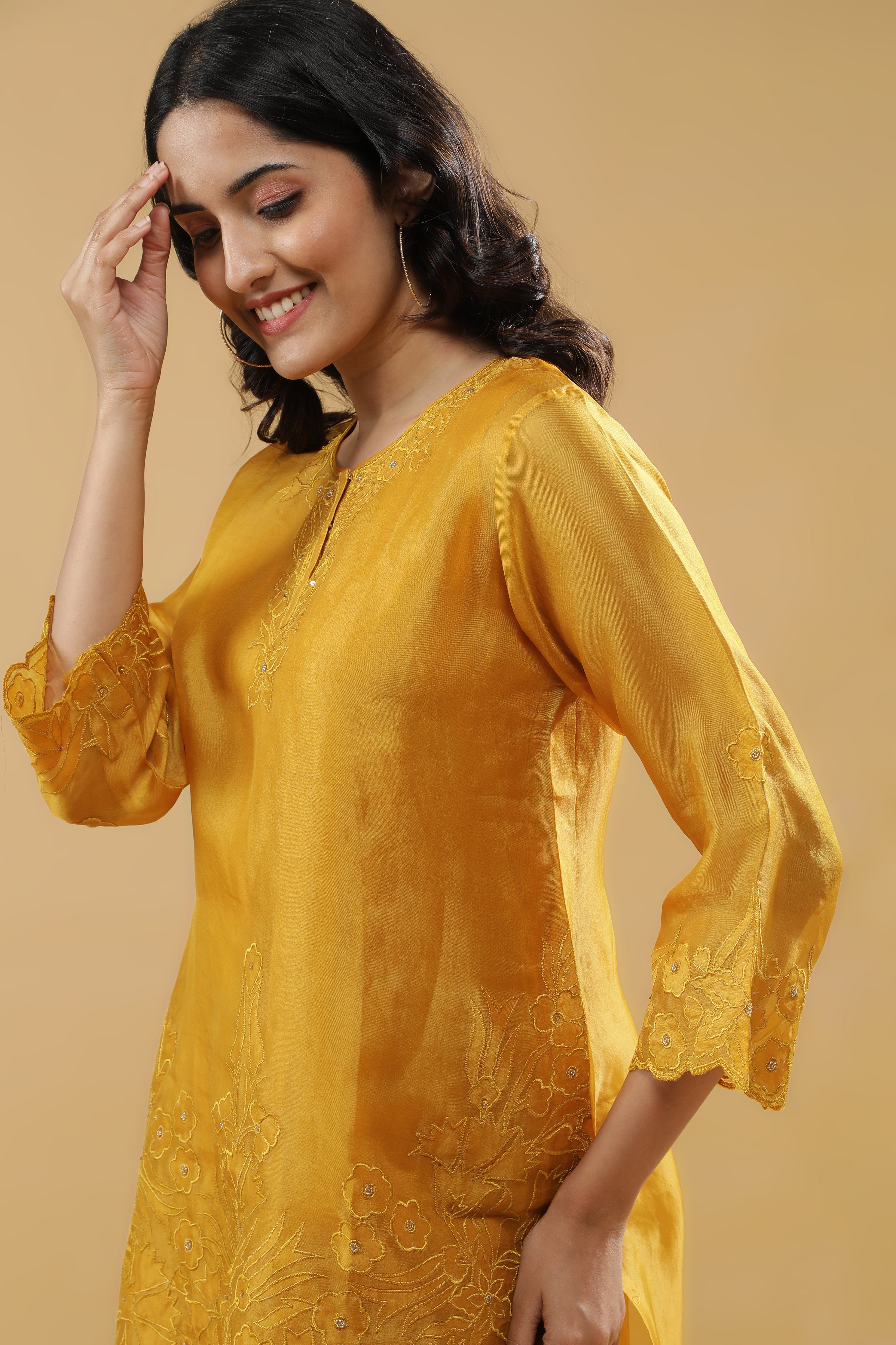Mustard Organza Floral Embroidered Cord Set