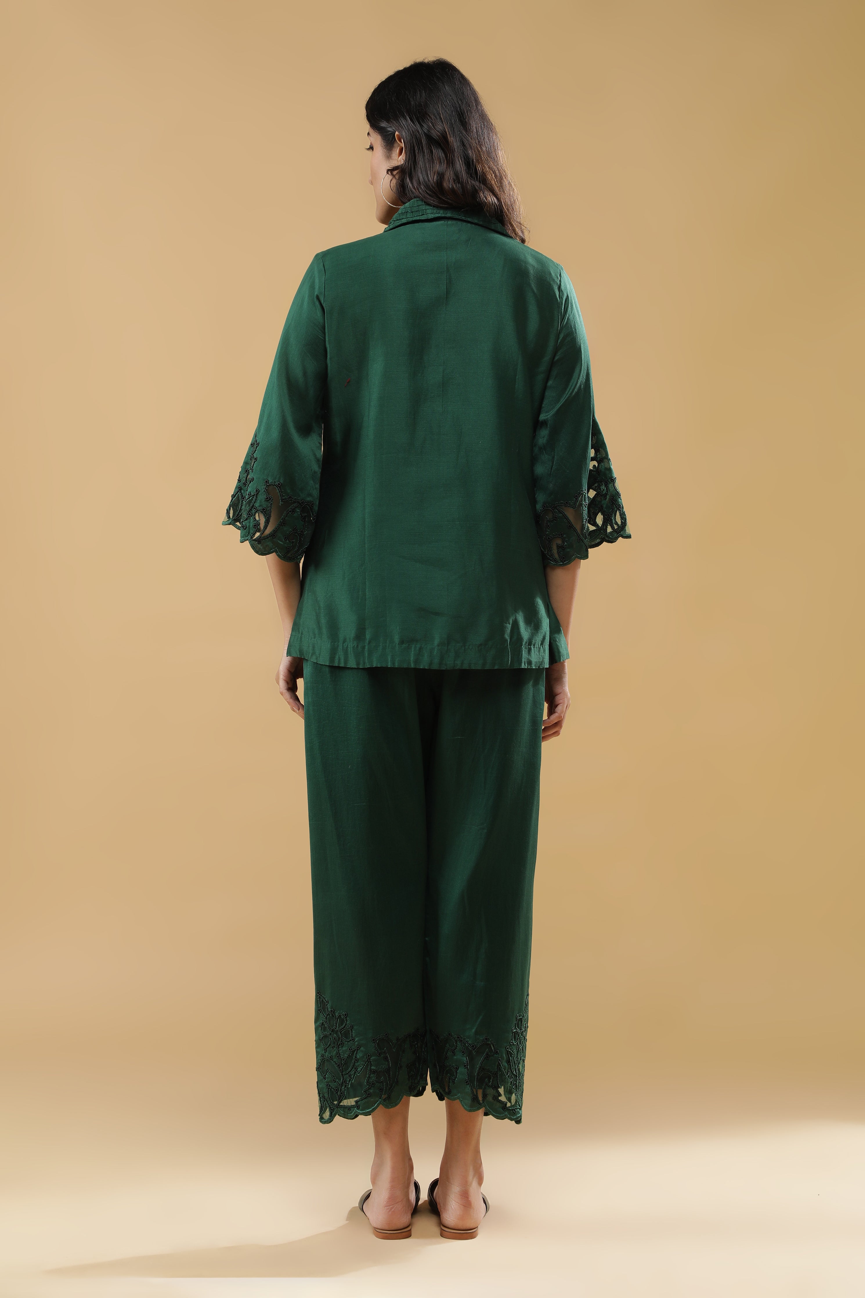 Deep Emerald Green Silk Embroidered Co-Ord Set
