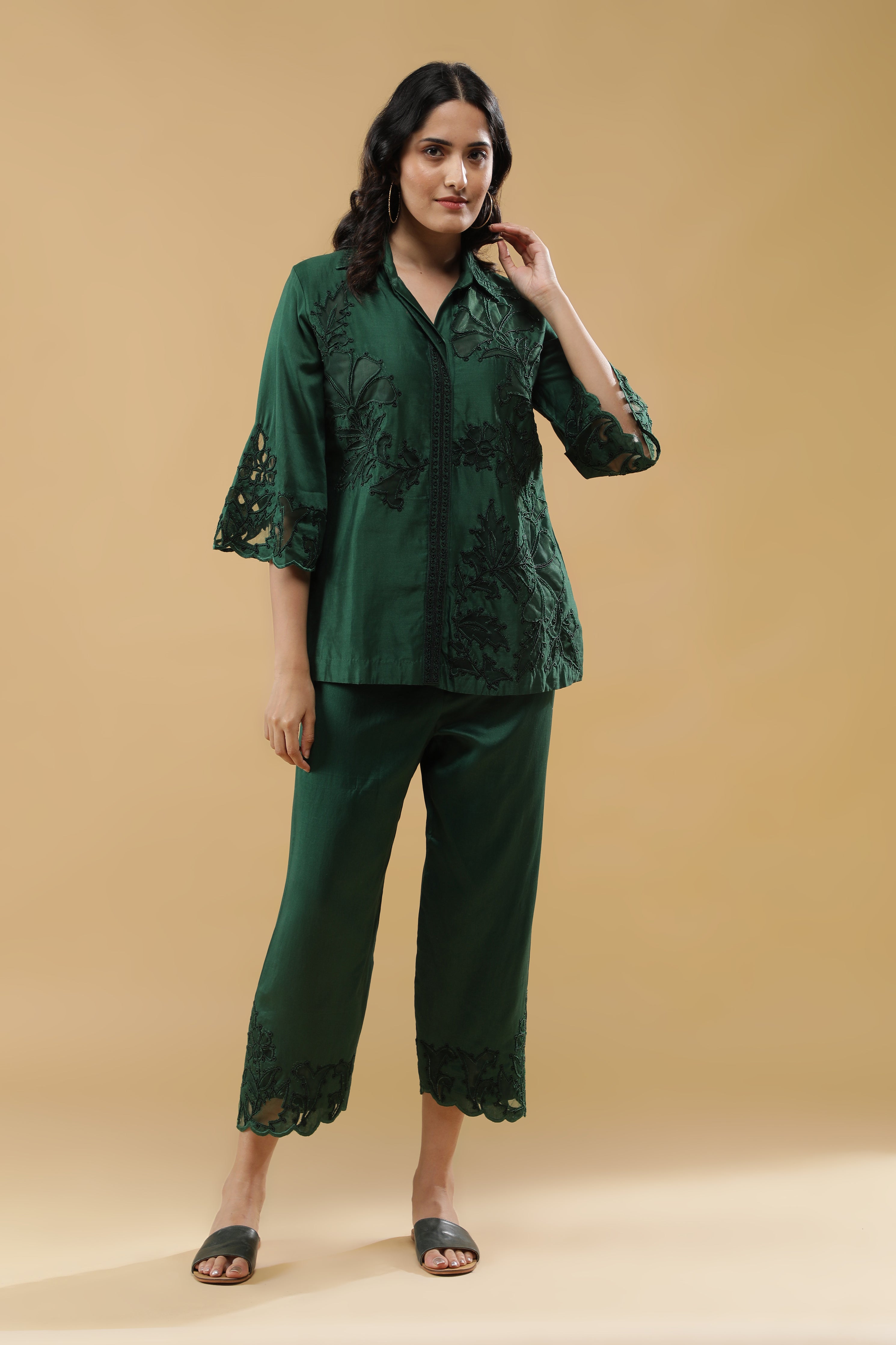 Deep Emerald Green Silk Embroidered Co-Ord Set