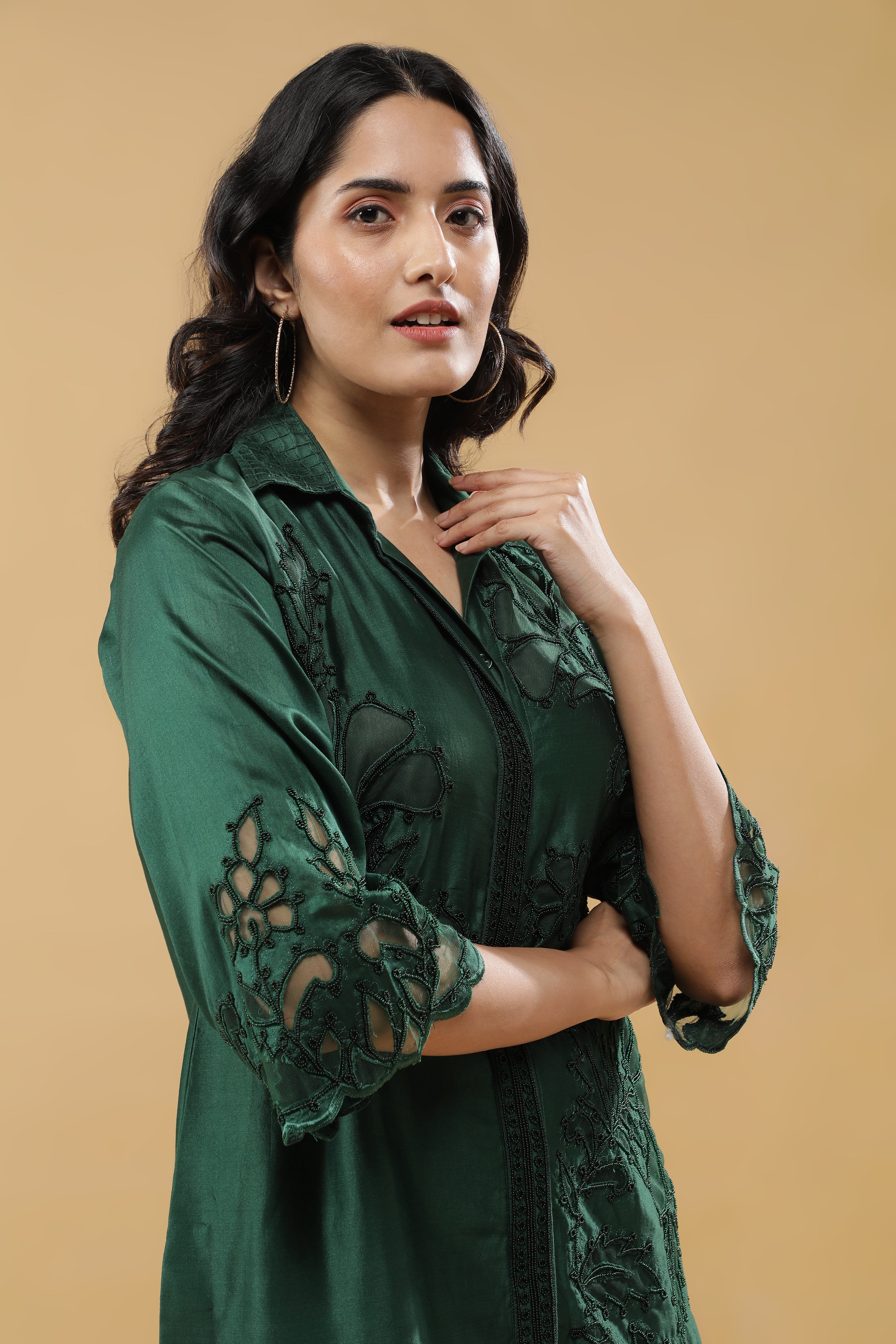 Deep Emerald Green Silk Embroidered Co-Ord Set