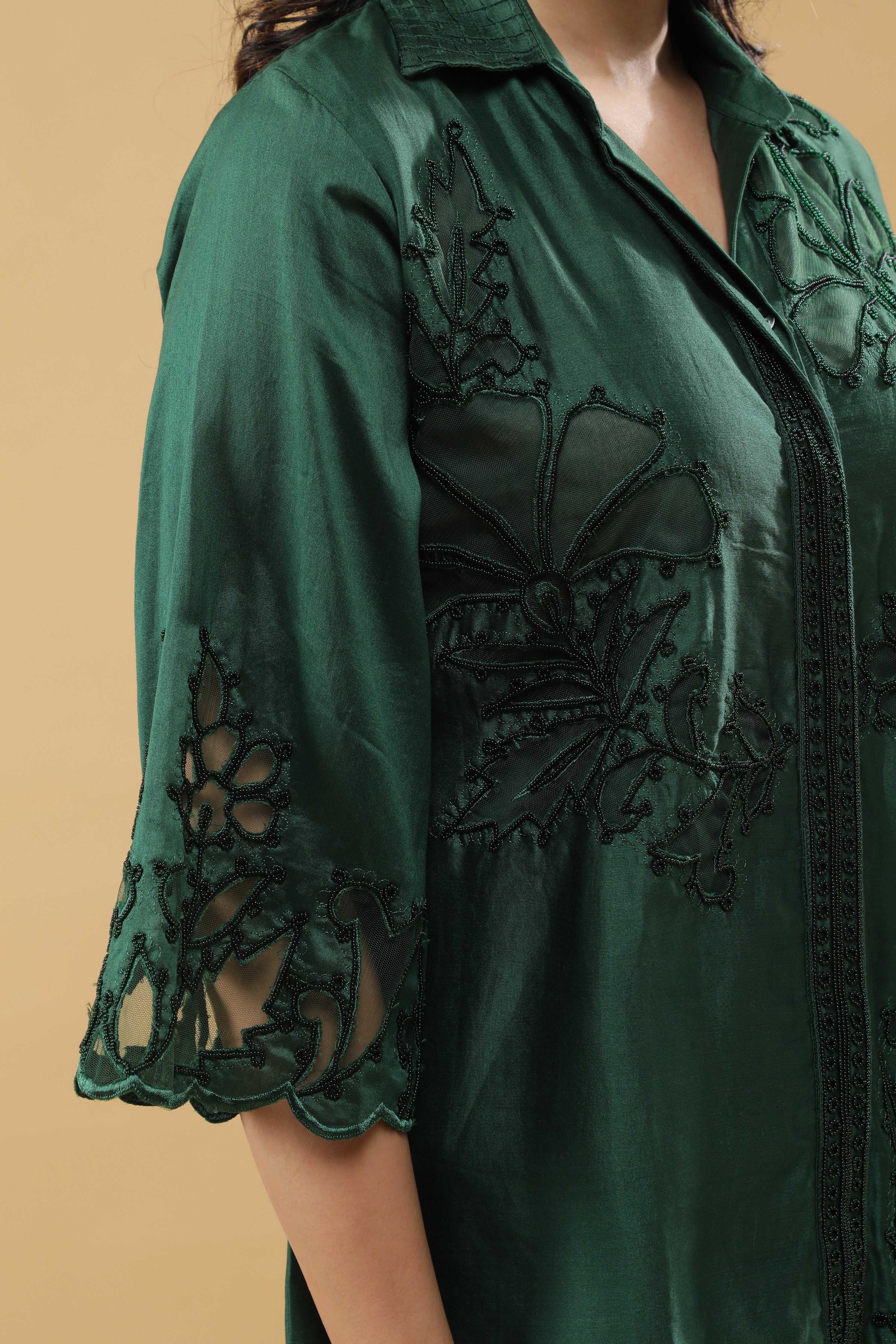 Deep Emerald Green Silk Embroidered Co-Ord Set