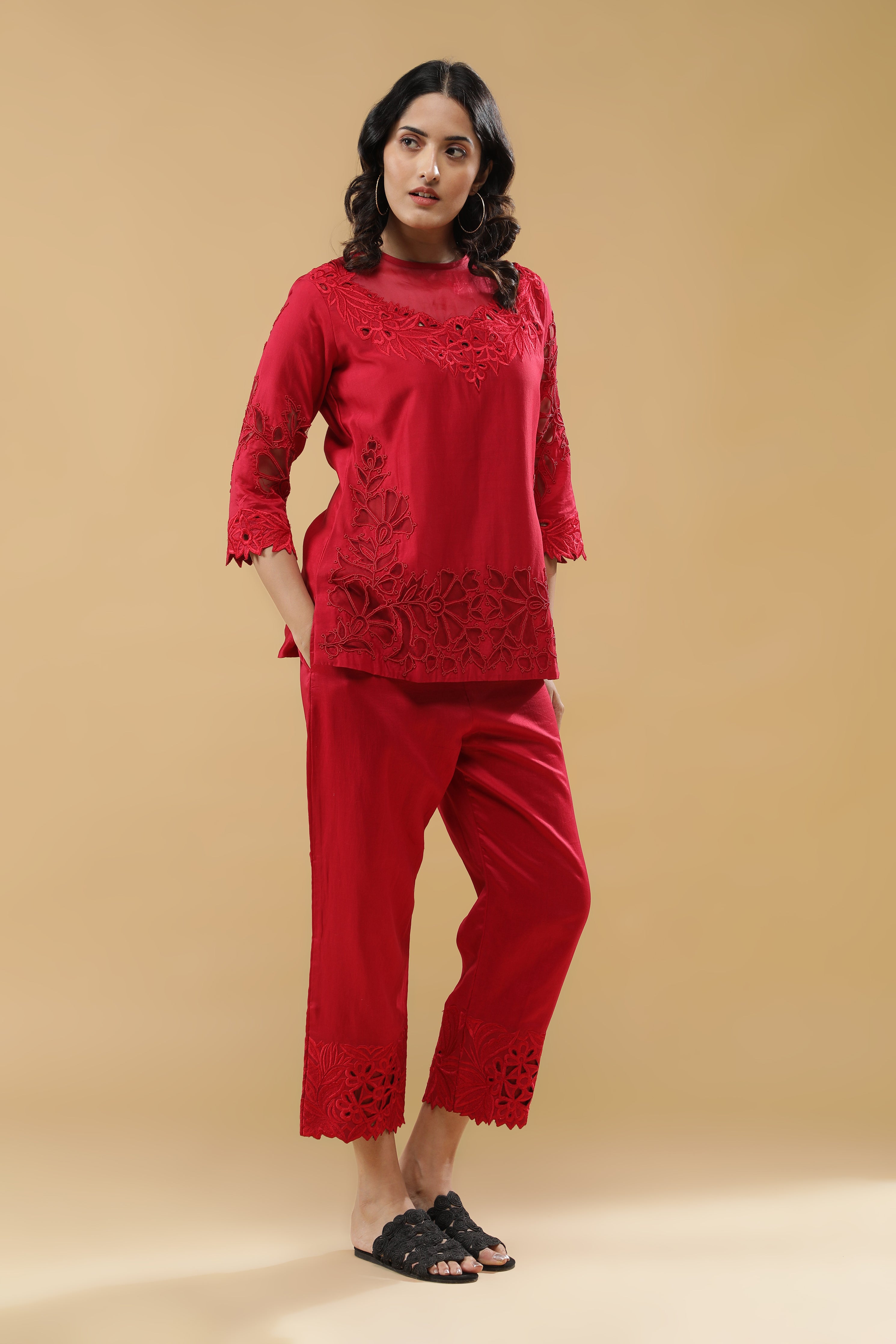 Crimson Red Silk Embroidered Co-Ord Set