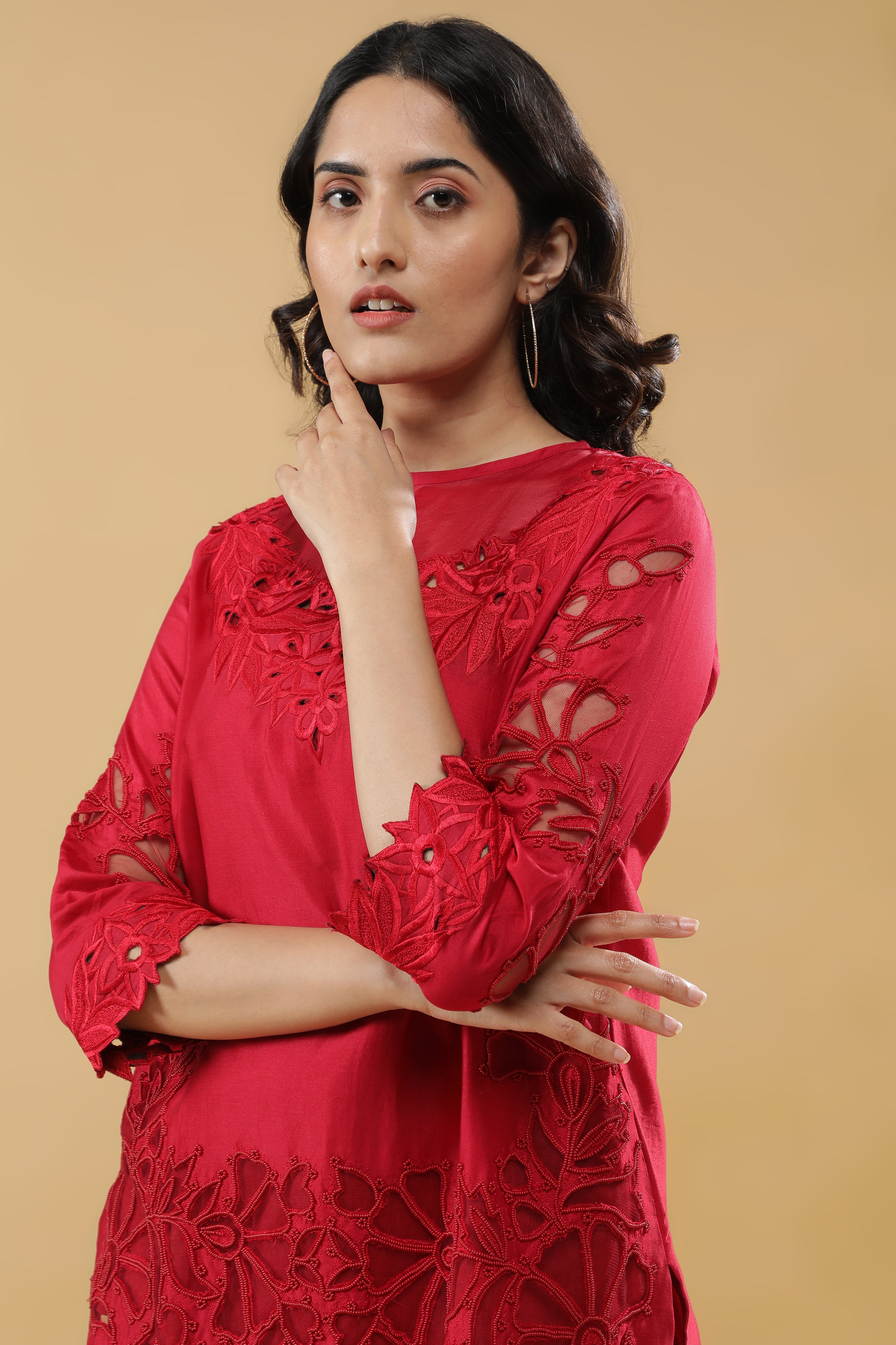 Crimson Red Silk Embroidered Co-Ord Set