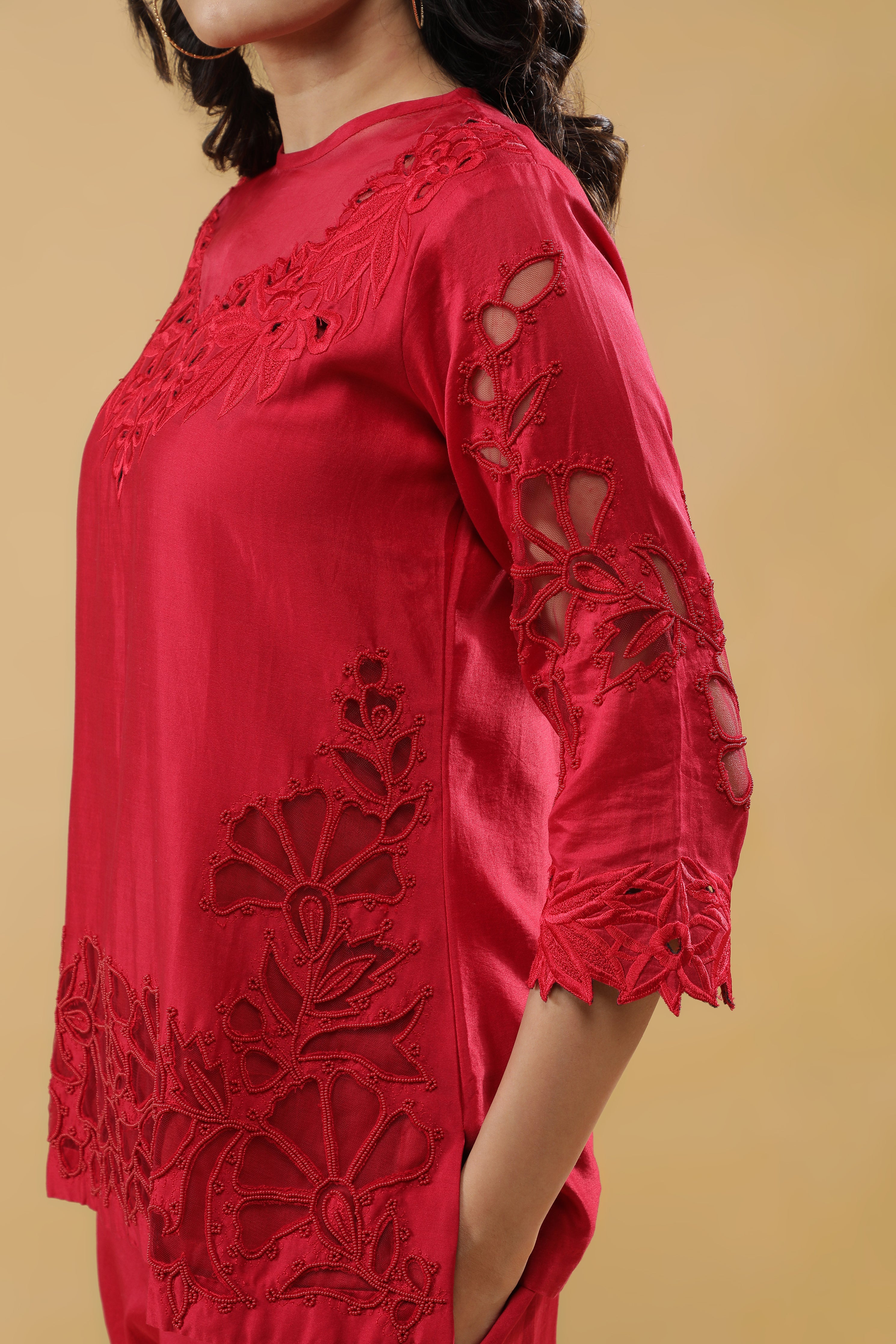 Crimson Red Silk Embroidered Co-Ord Set