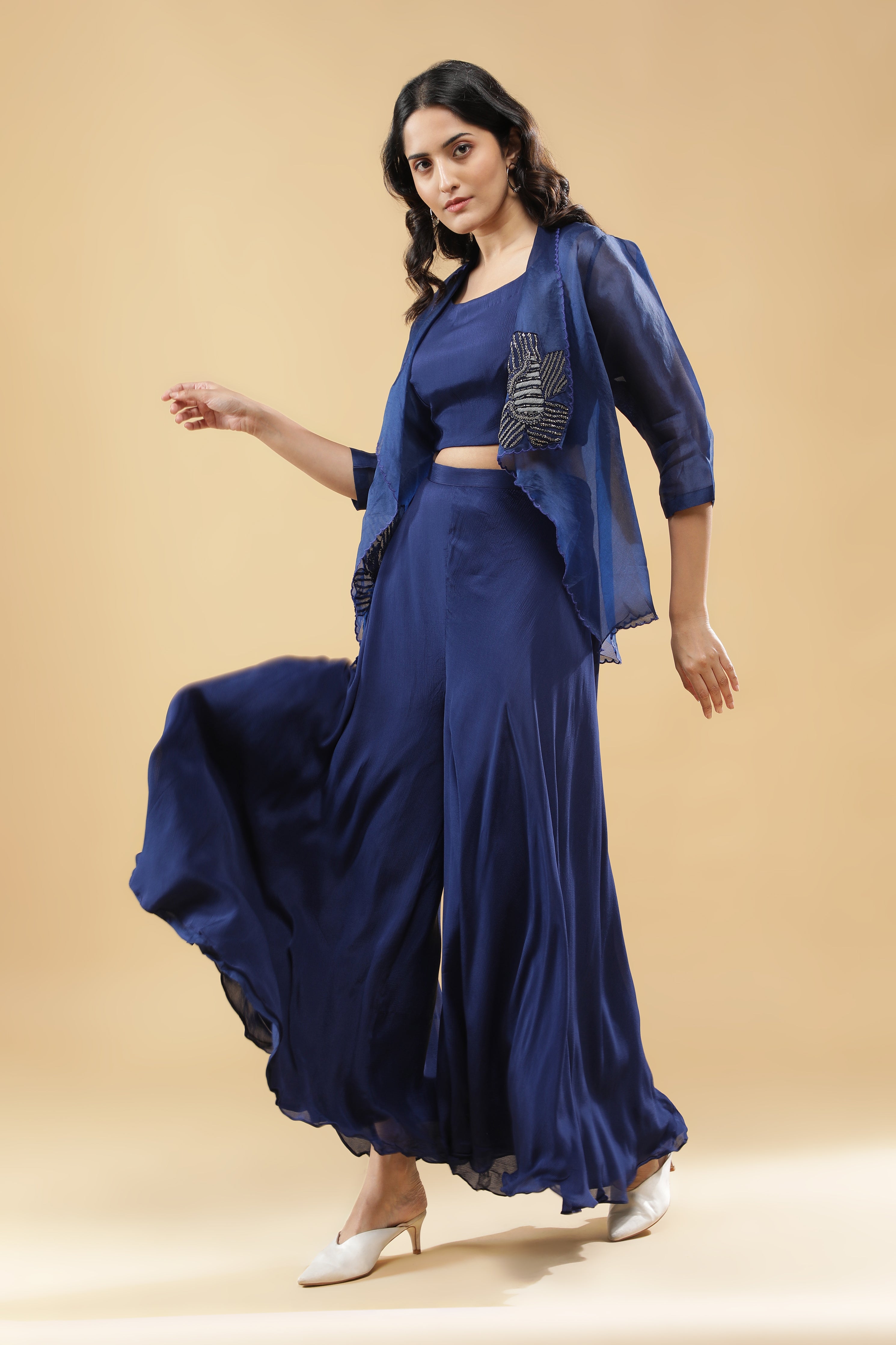 Navy Blue Organza Jacket Set