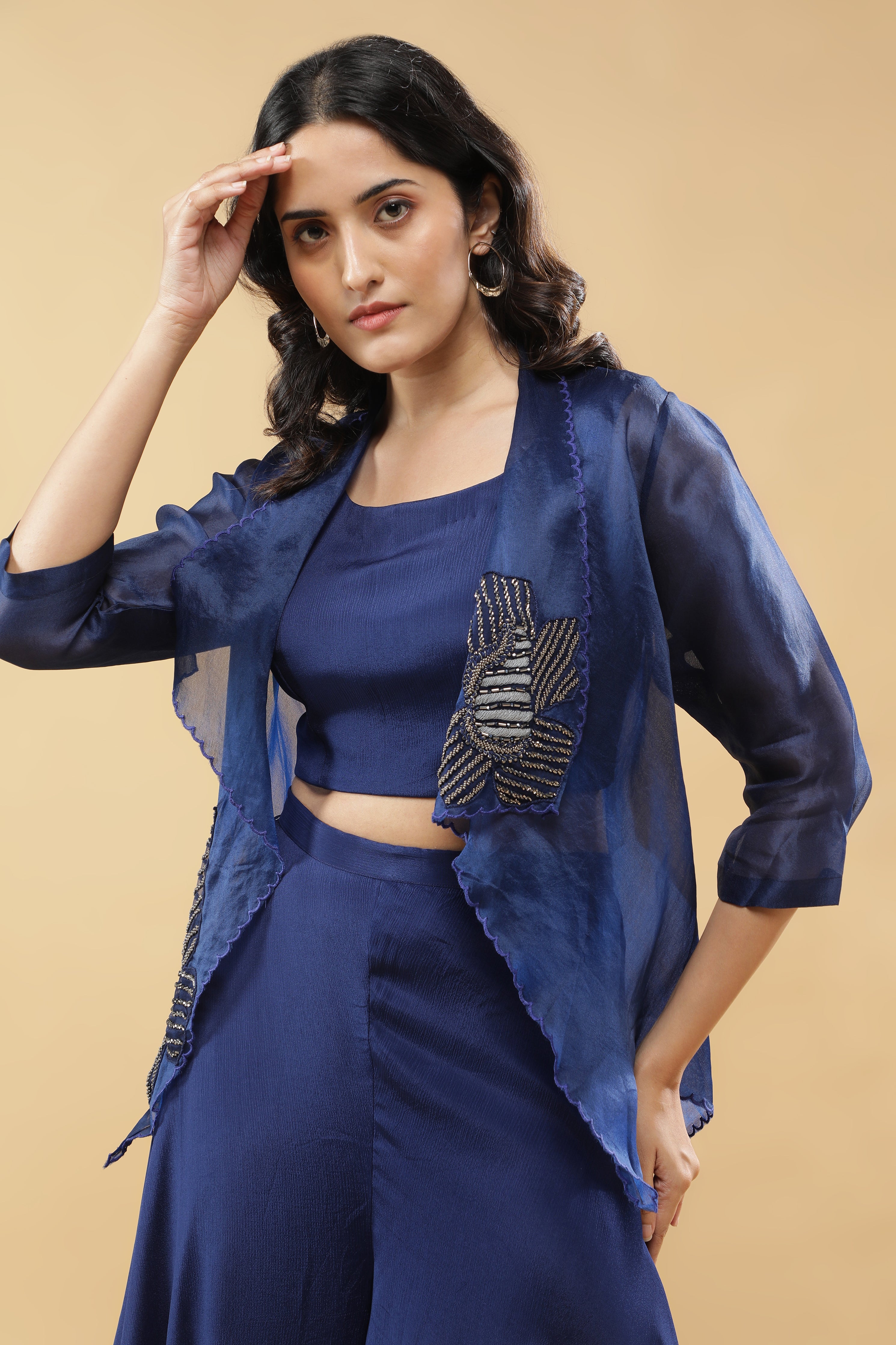 Navy Blue Organza Jacket Set