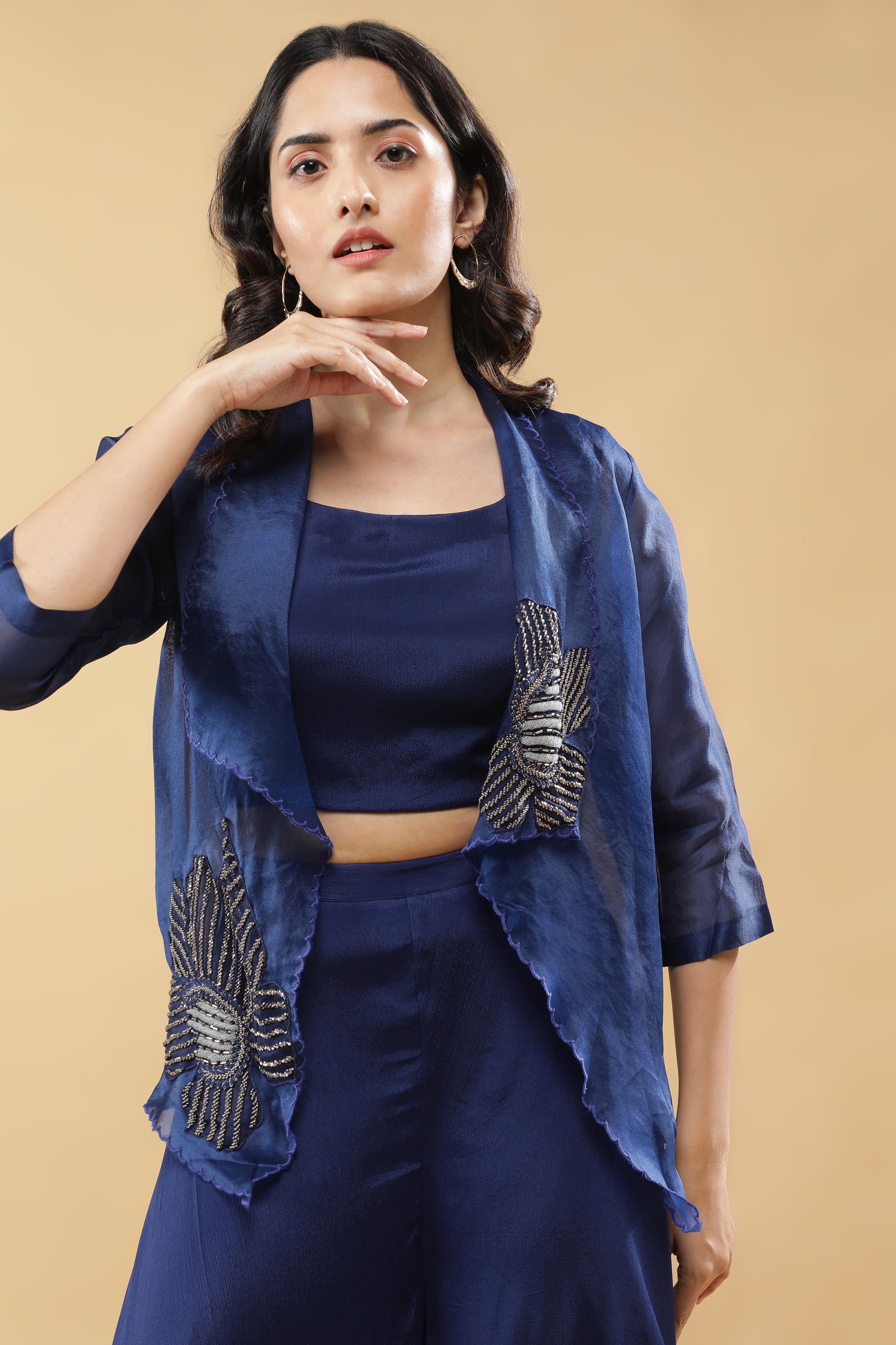 Navy Blue Organza Jacket Set