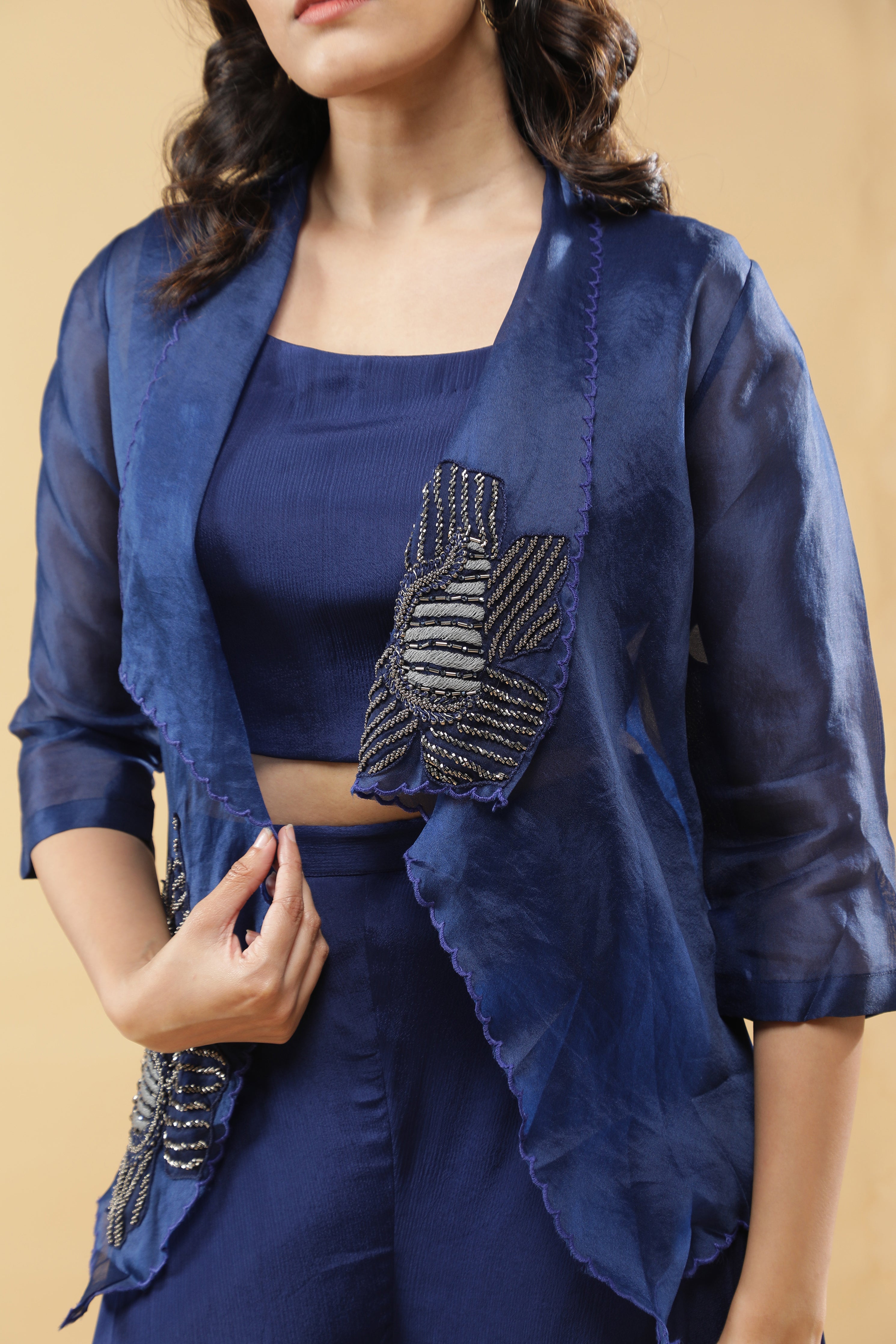 Navy Blue Organza Jacket Set