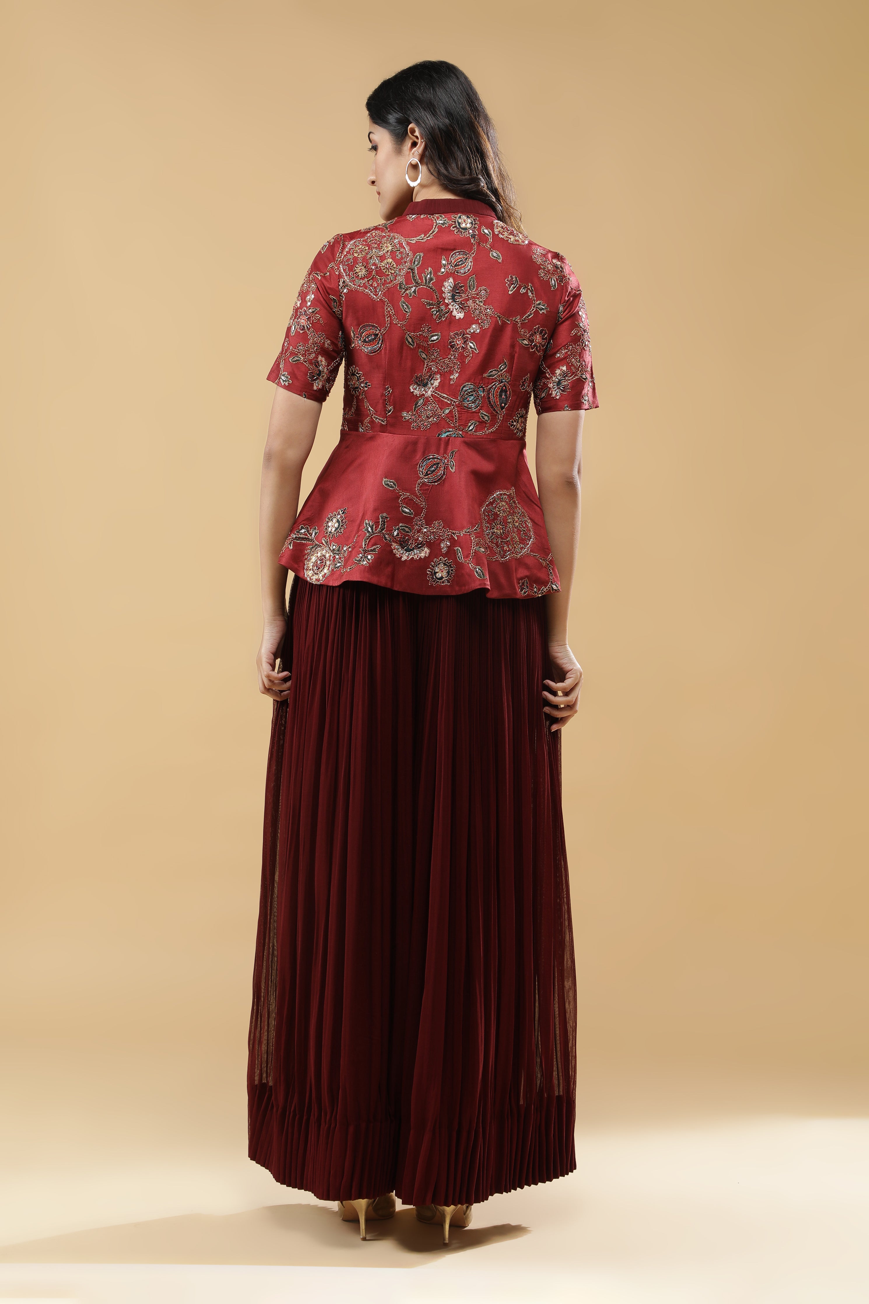Maroon Silk Peplum Jacket with Pleated Georgette Sharara