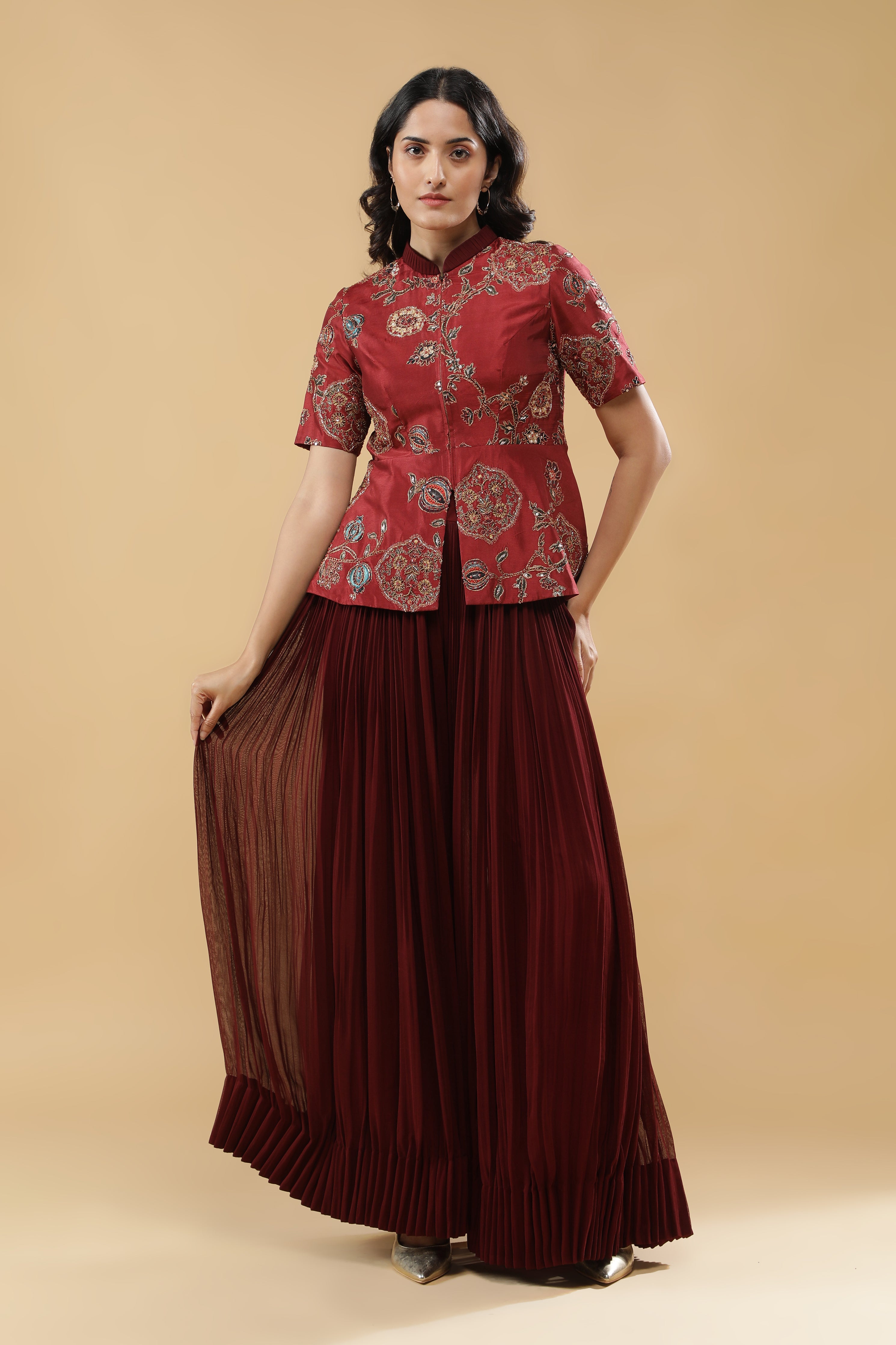Maroon Silk Peplum Jacket with Pleated Georgette Sharara