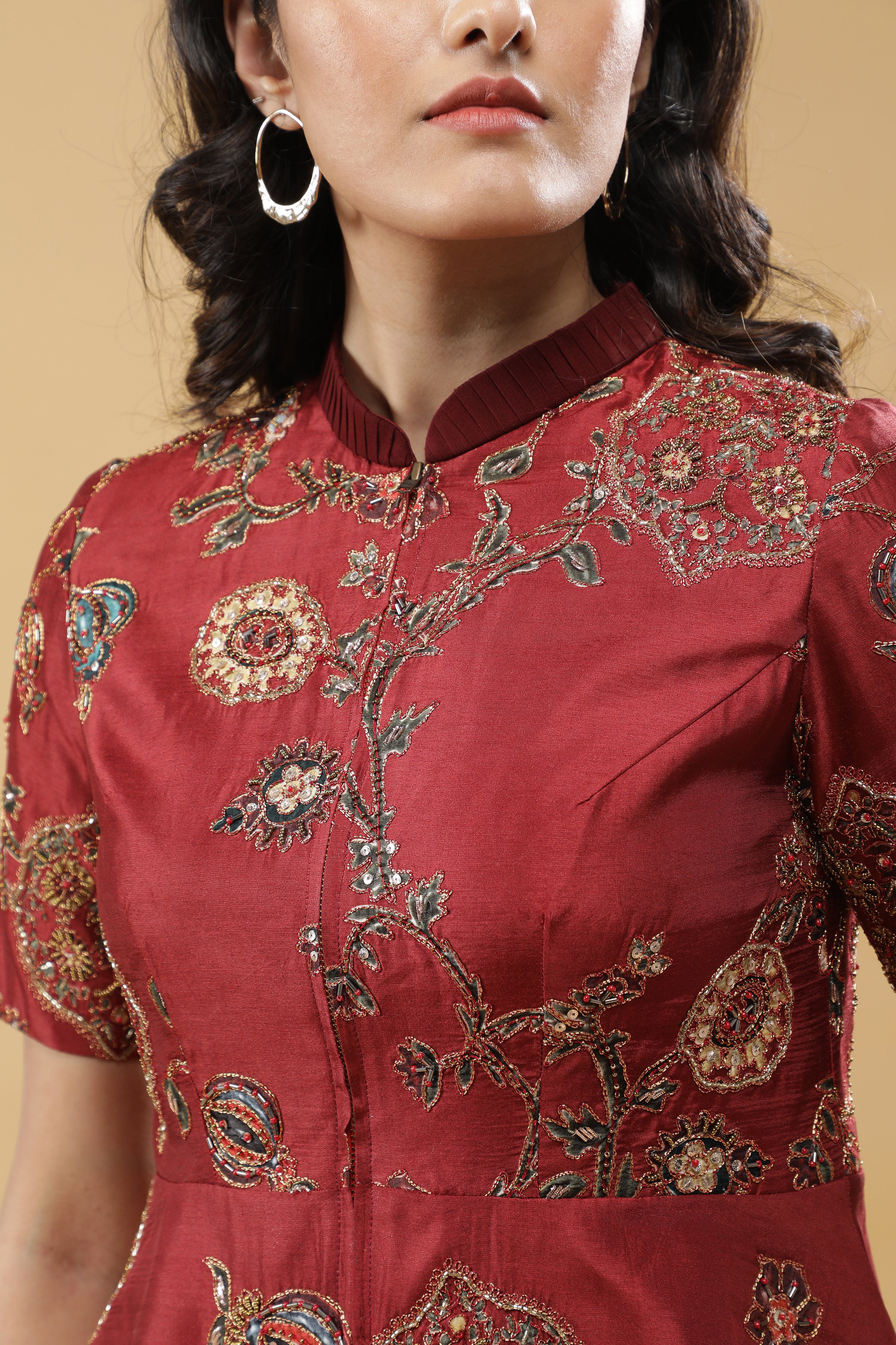 Maroon Silk Peplum Jacket with Pleated Georgette Sharara
