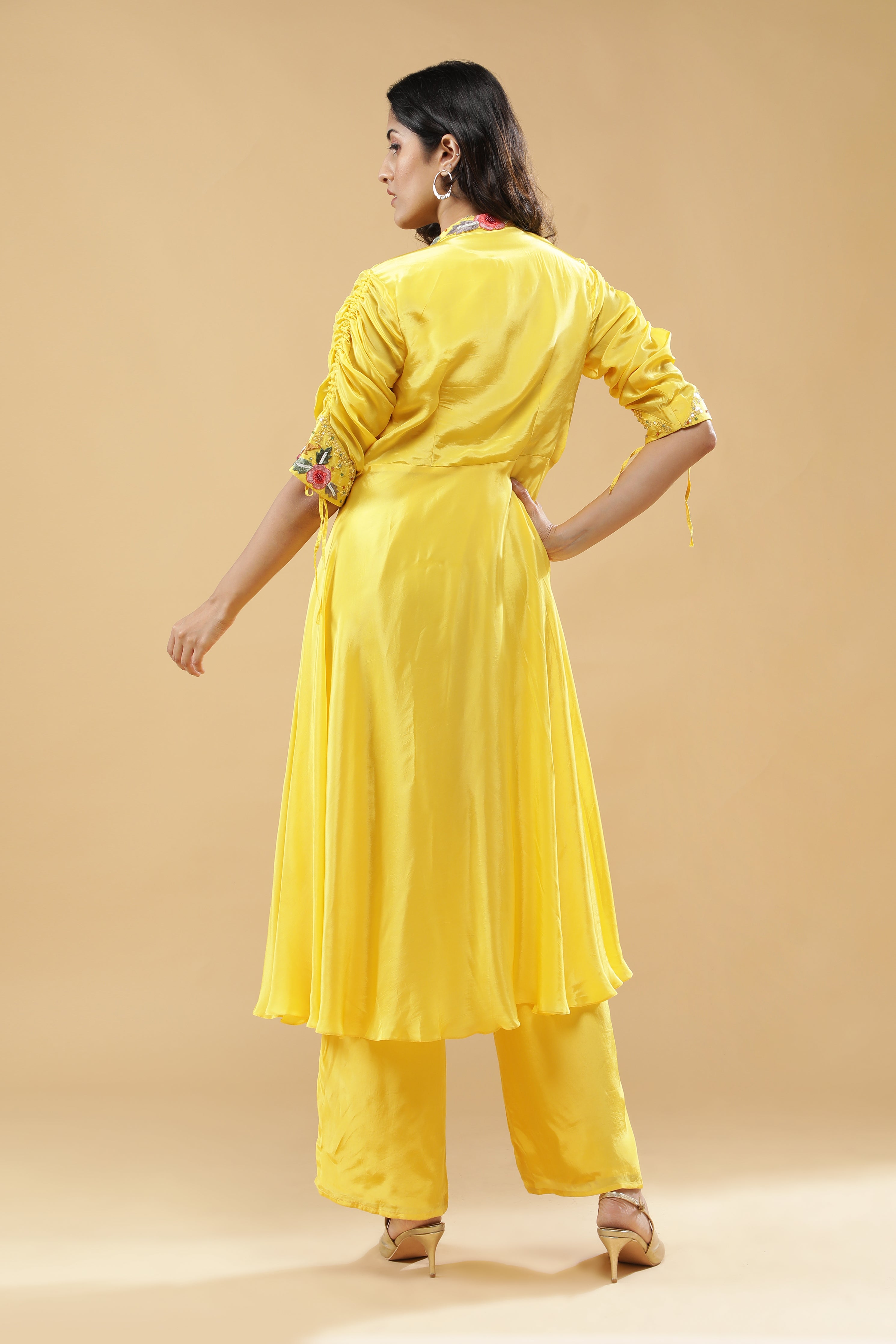 Yellow Silk Jumpsuit with Embroidered Jacket Layer
