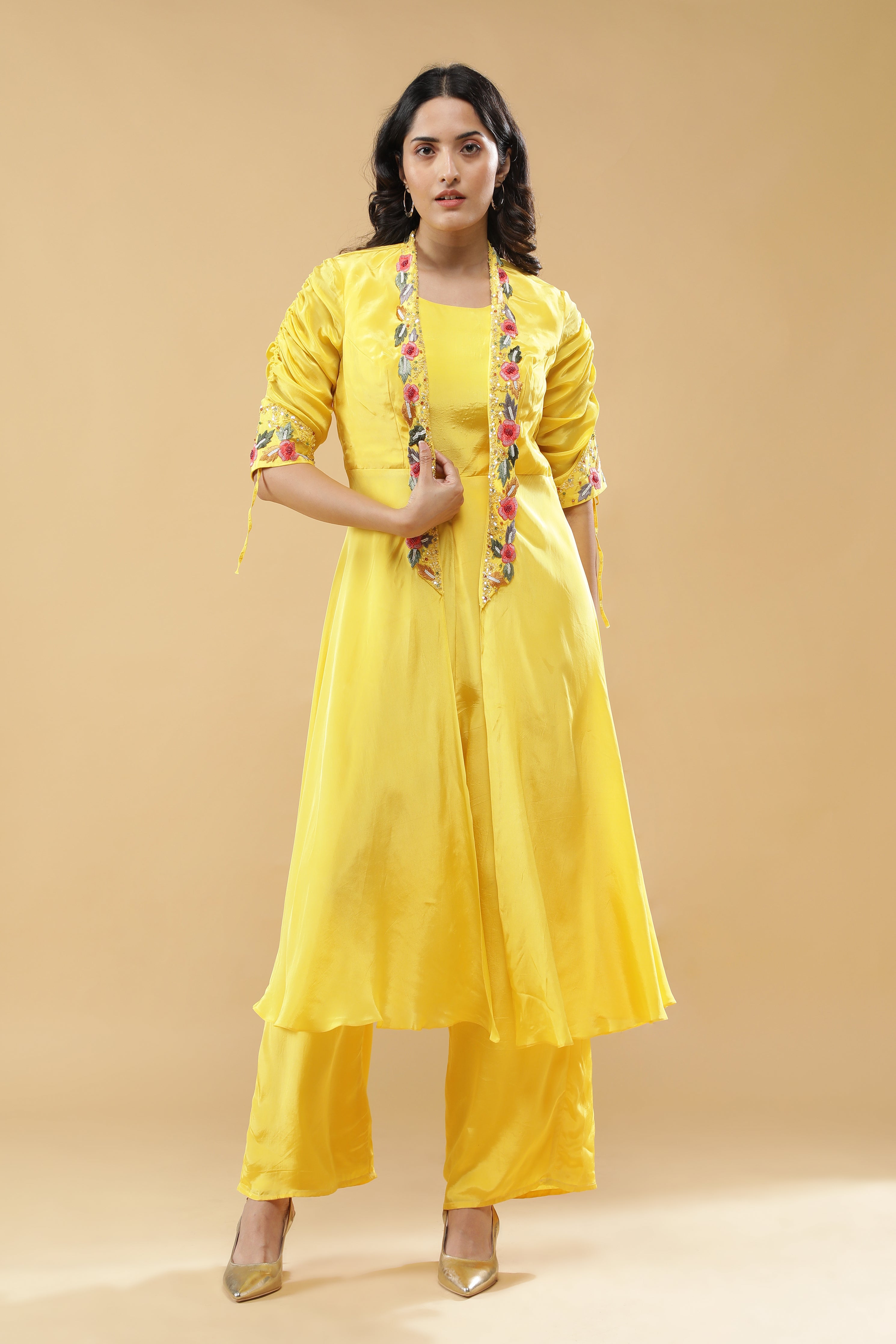 Yellow Silk Jumpsuit with Embroidered Jacket Layer