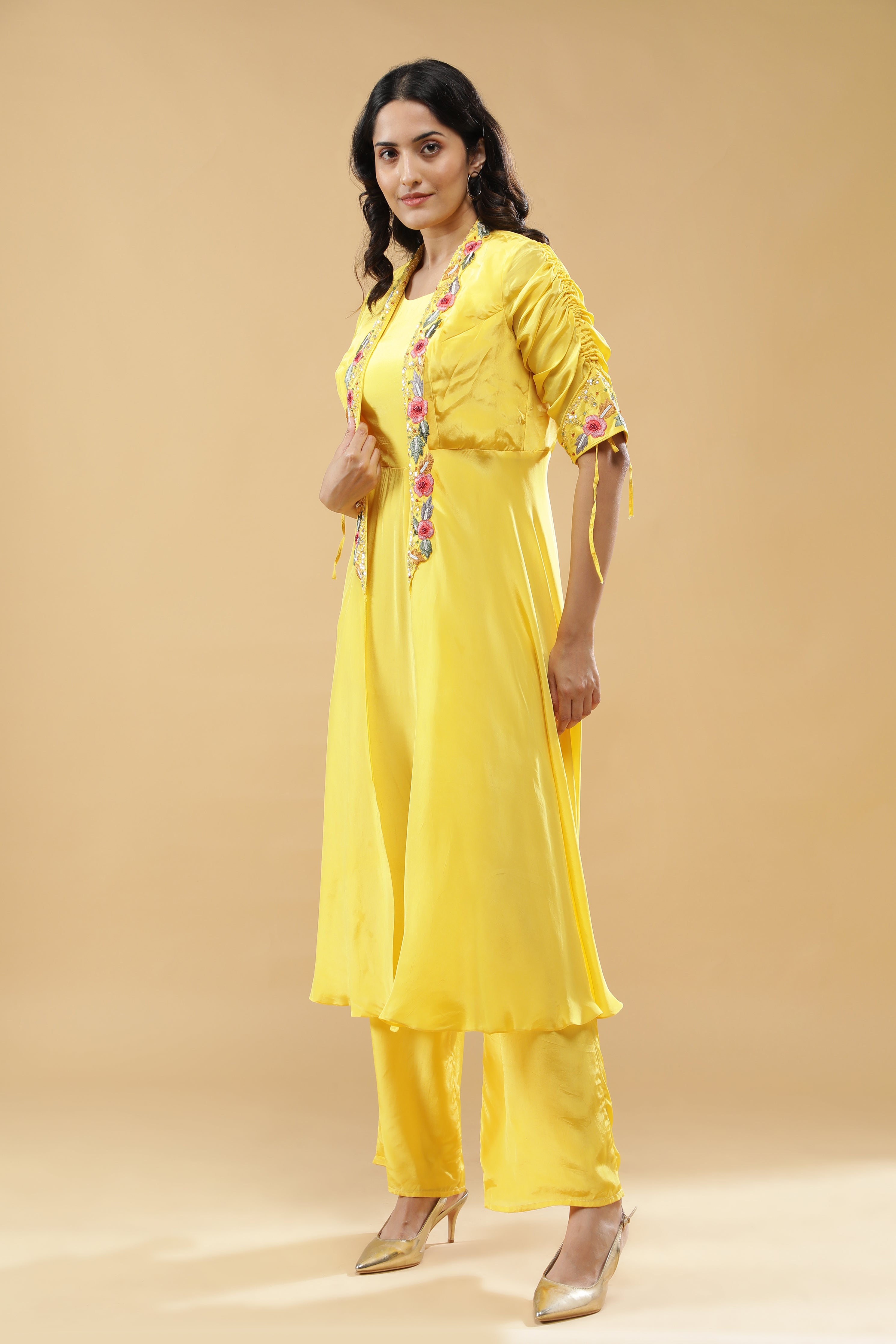 Yellow Silk Jumpsuit with Embroidered Jacket Layer