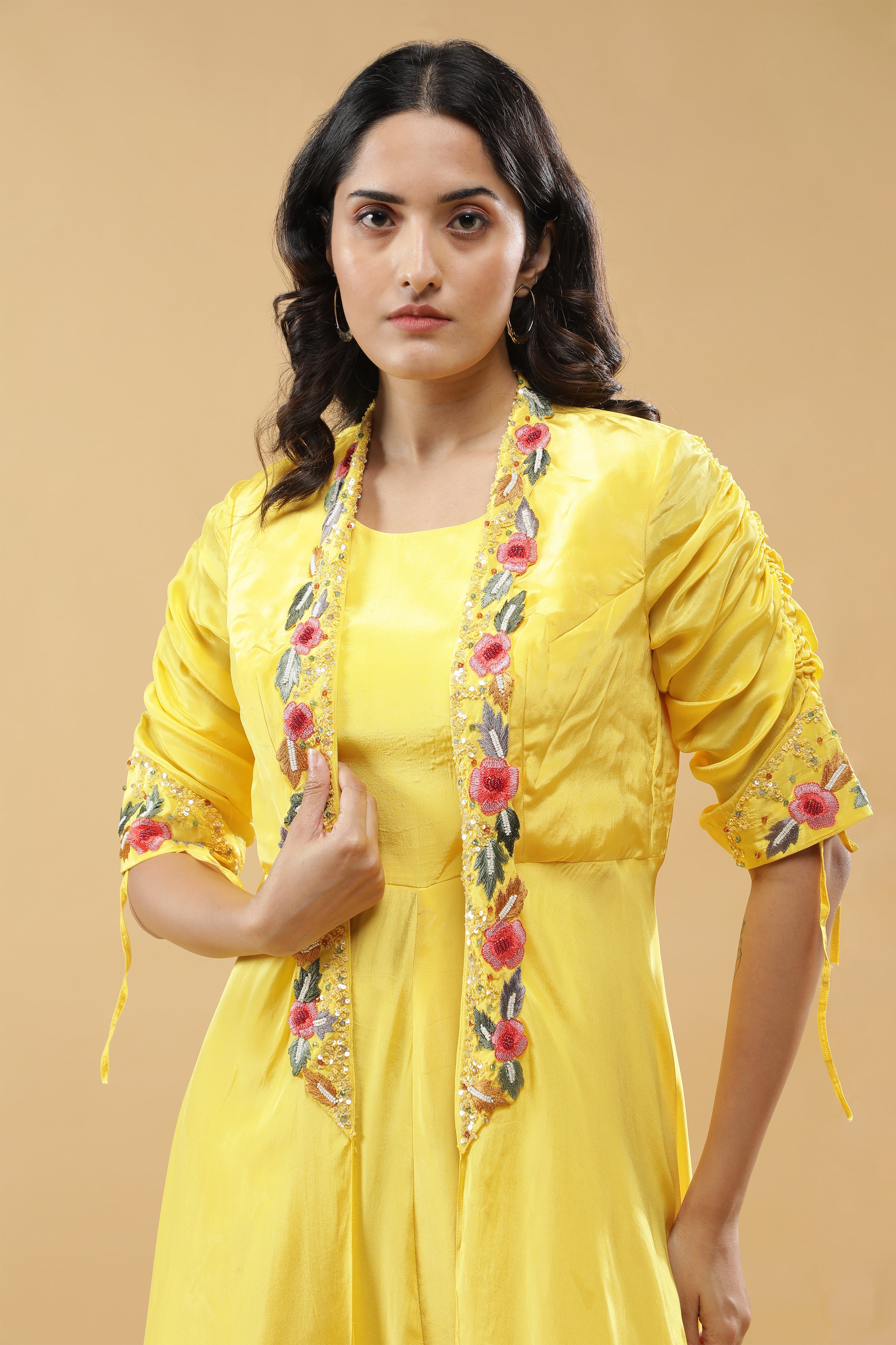 Yellow Silk Jumpsuit with Embroidered Jacket Layer