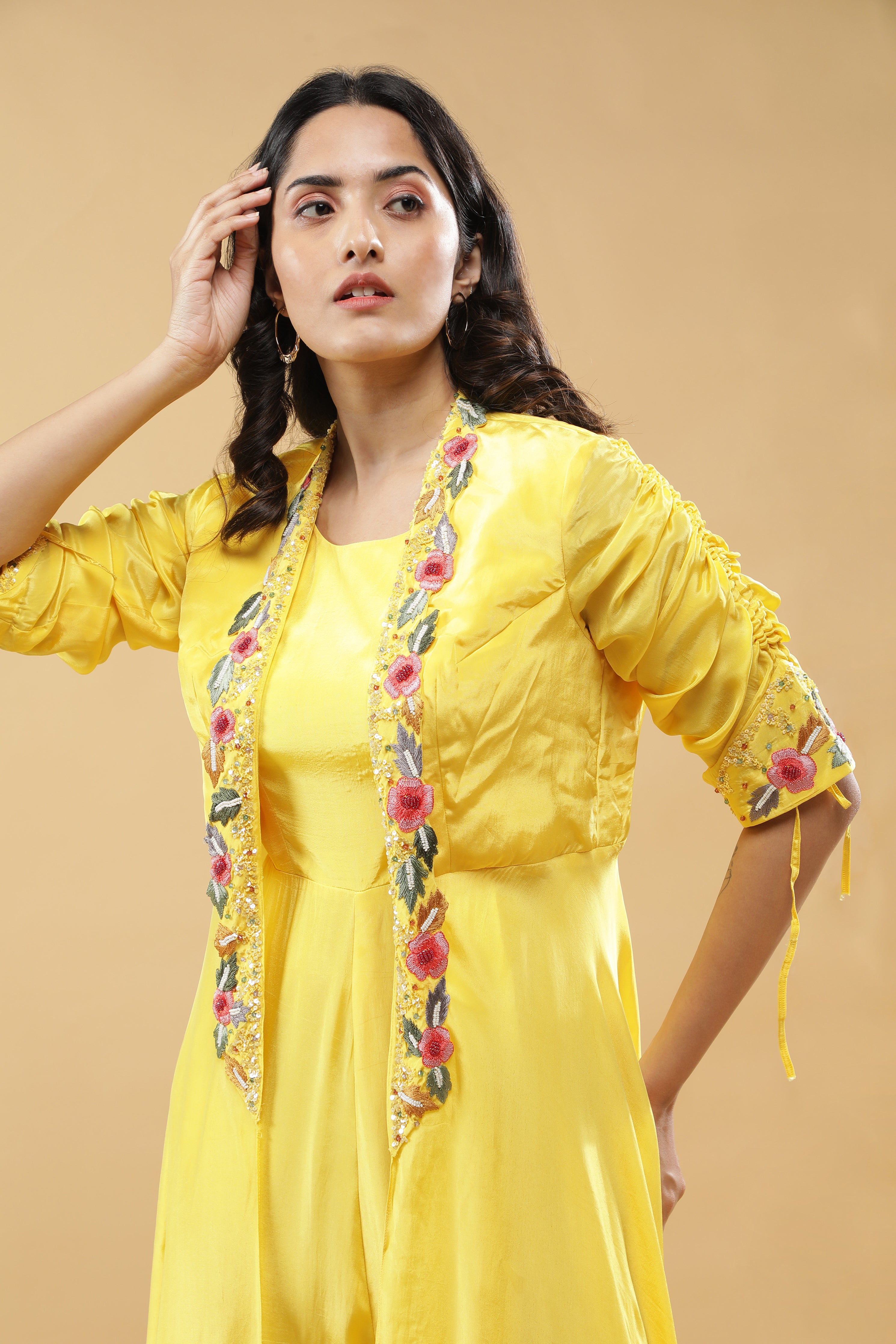 Yellow Silk Jumpsuit with Embroidered Jacket Layer