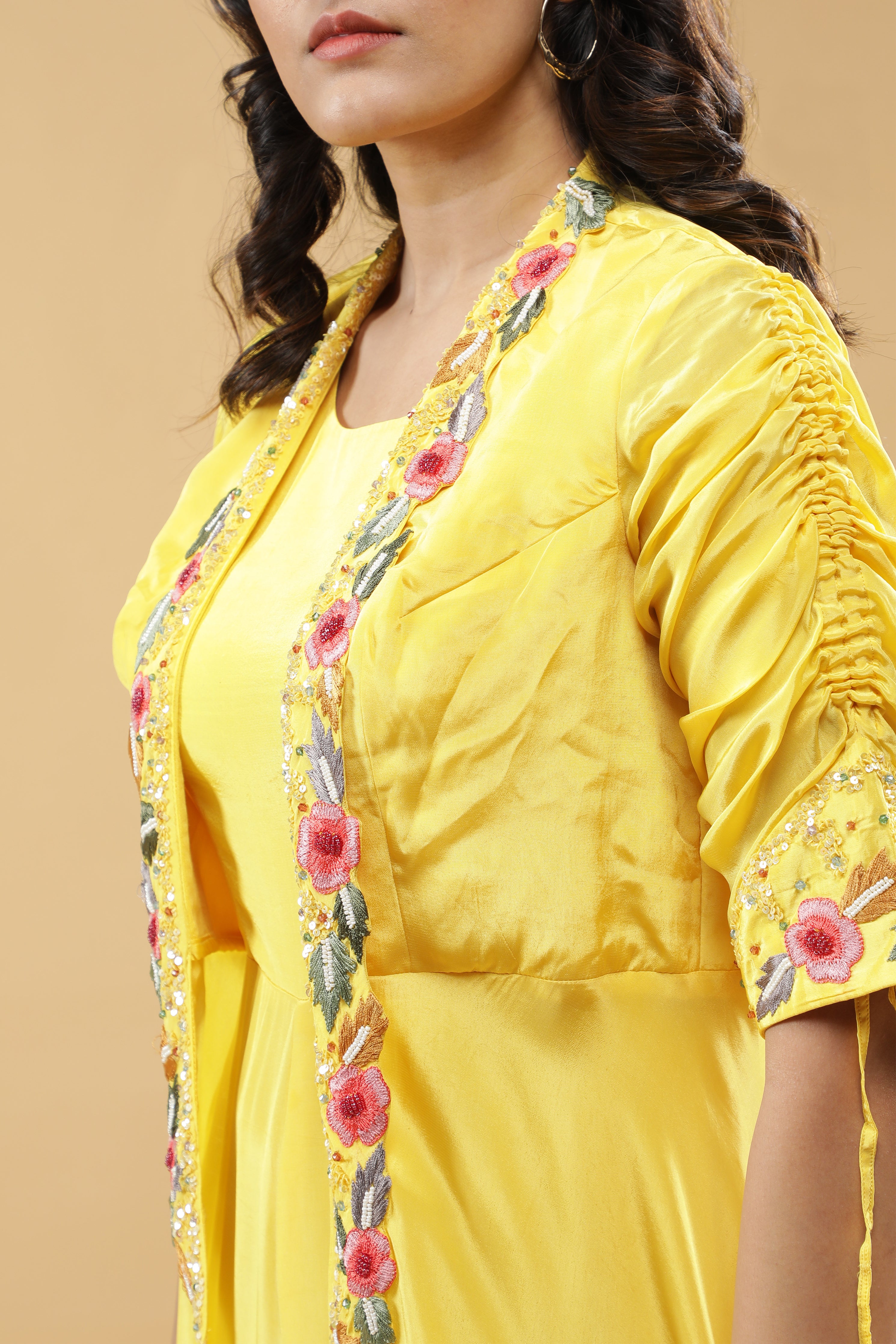 Yellow Silk Jumpsuit with Embroidered Jacket Layer