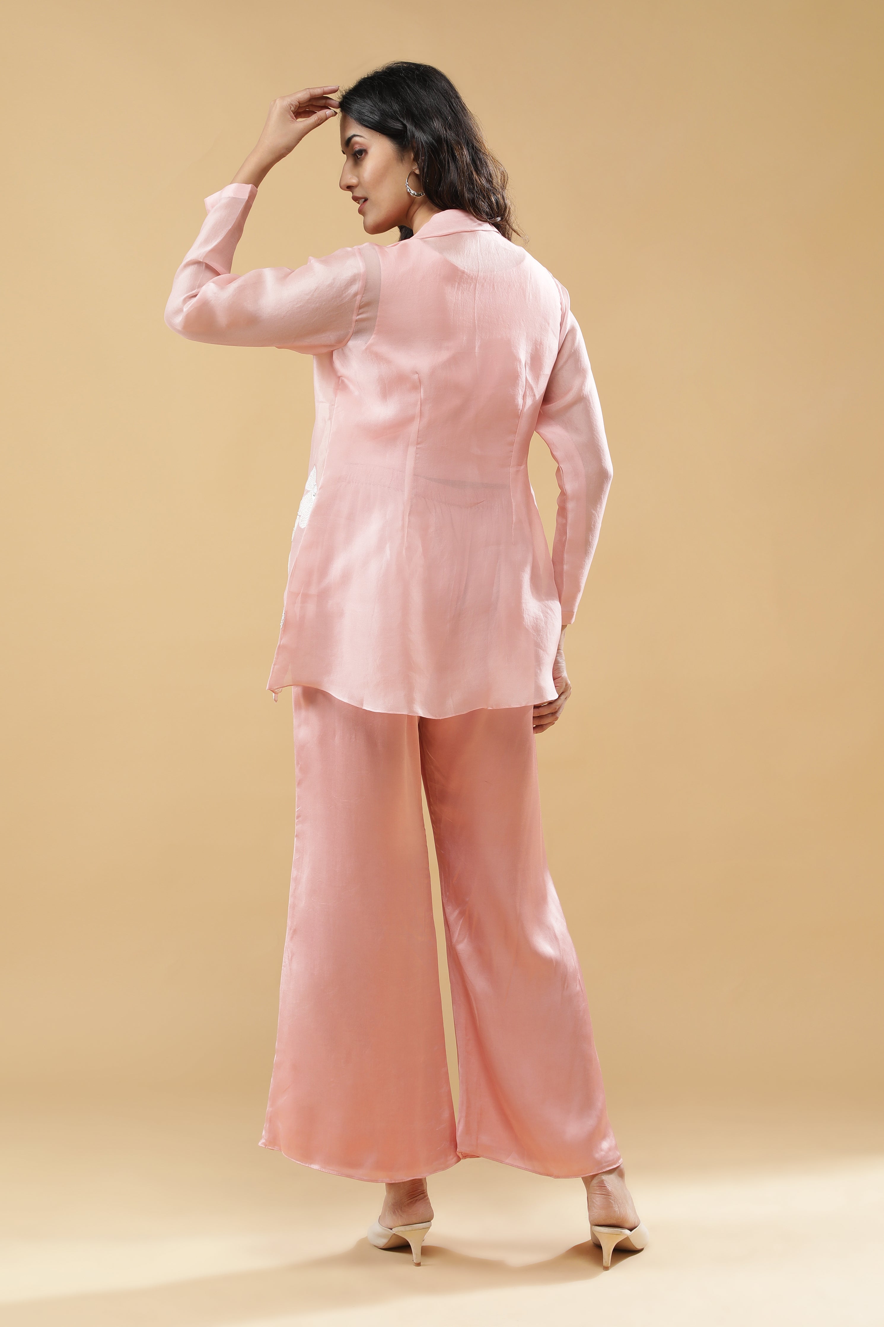 Soft Peach Pink Silk Organza Jacket Set