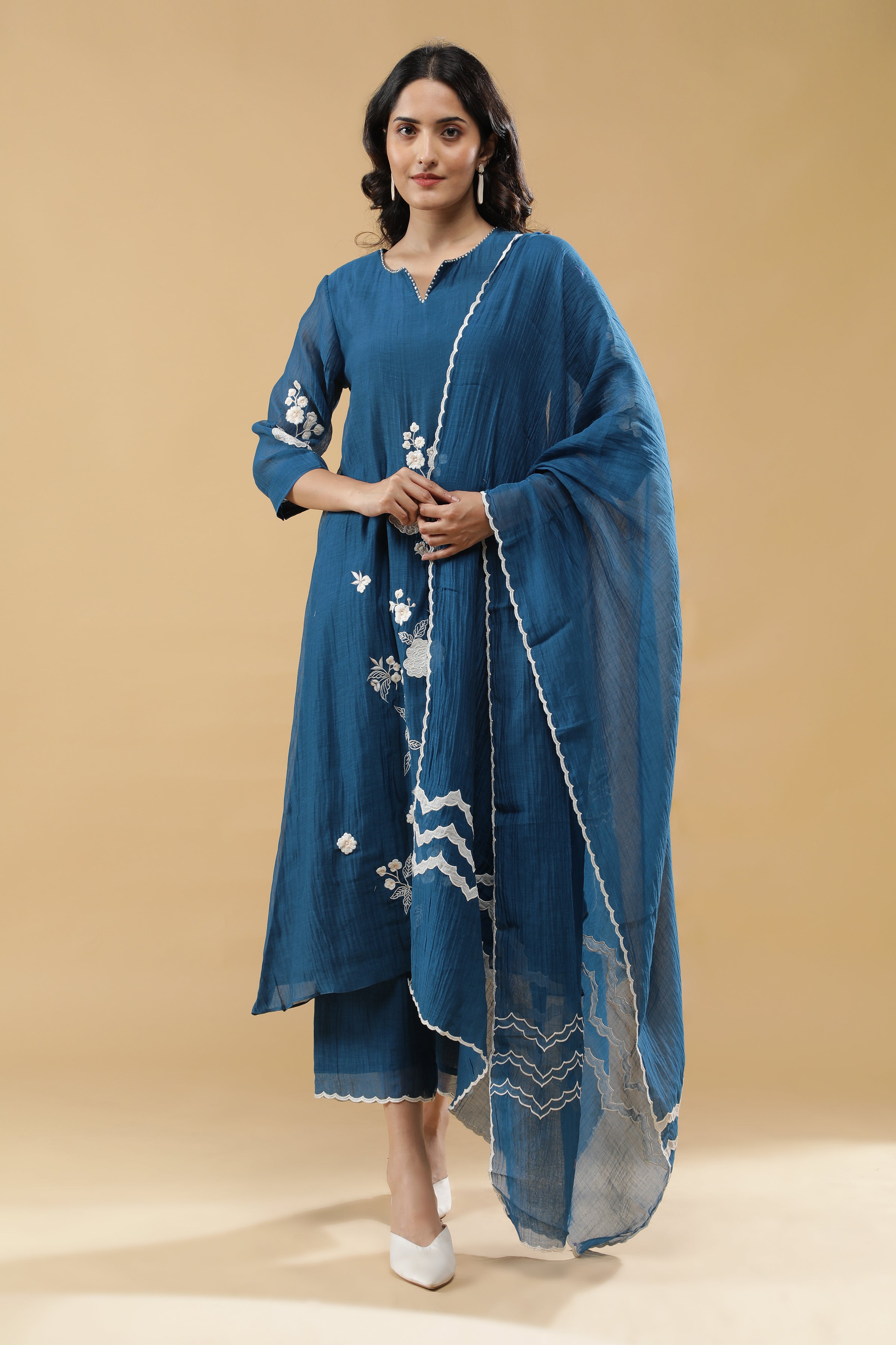 Teal Blue Cotton Floral Embroidered Salwar Set