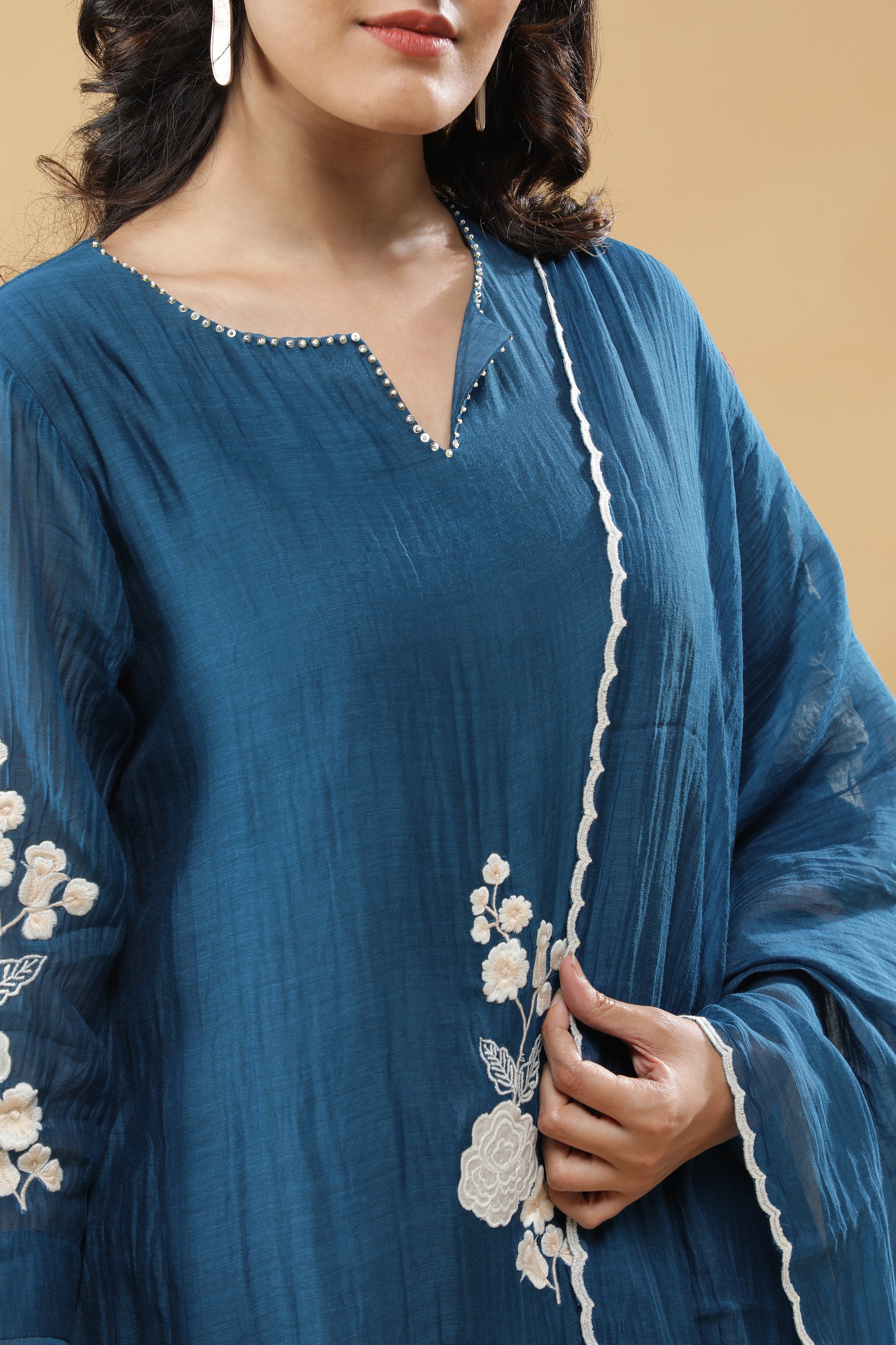 Teal Blue Cotton Floral Embroidered Salwar Set
